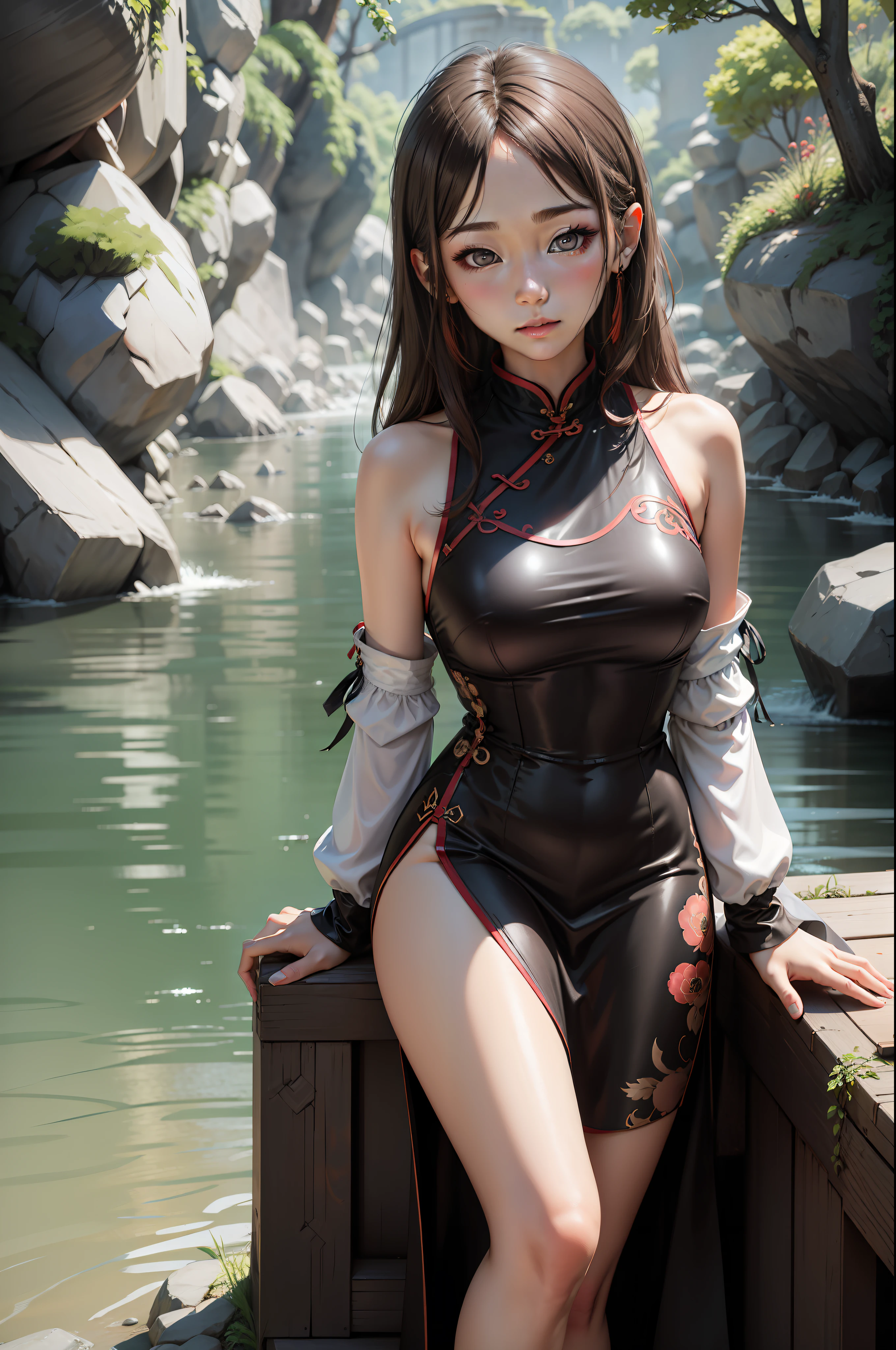 (((tmasterpiece))),best qualtiy,A young girl,Stand by the river and look out,,Delicate face,Brown hair,Black cheongsam,full bodyesbian