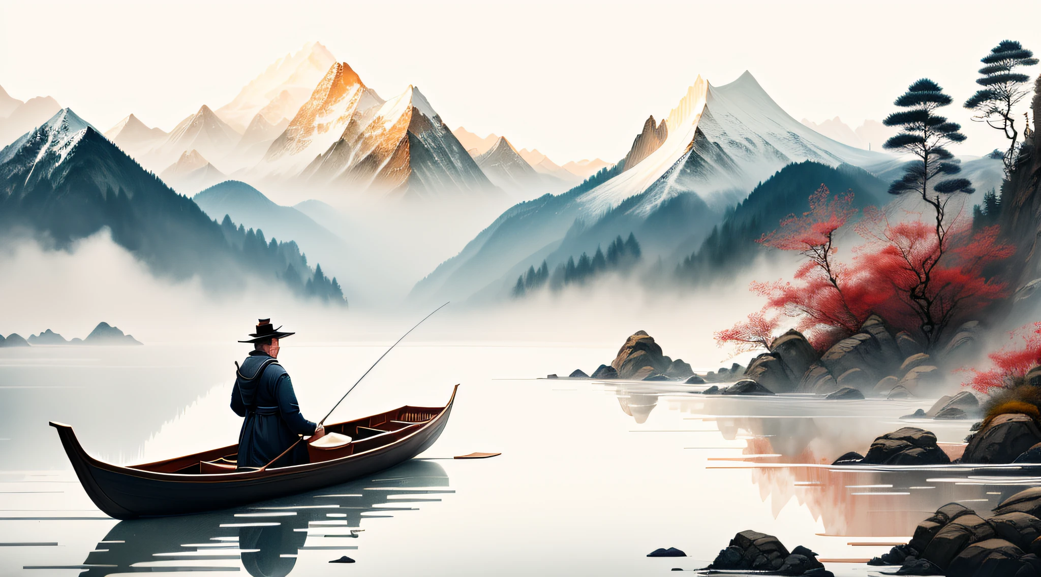 HighestQuali,In the style of traditional Chinese ink painting,Very far away,Faraway view,Master composition,Very detailed,A man fishing alone in a small boat,He wears a bamboo woven,Wears a brown-black brown fur braided gown,Focus on fishing,Icy lake water,Snow and ice cover,Fog on the surface of the river,The mountains on both sides are covered in snow and ice,Chinese style ink painting,Demonstrate contemplation and inner revelation of nature,Faraway view,Snow and ice cover,snow covered,Top-down view,Very detailed