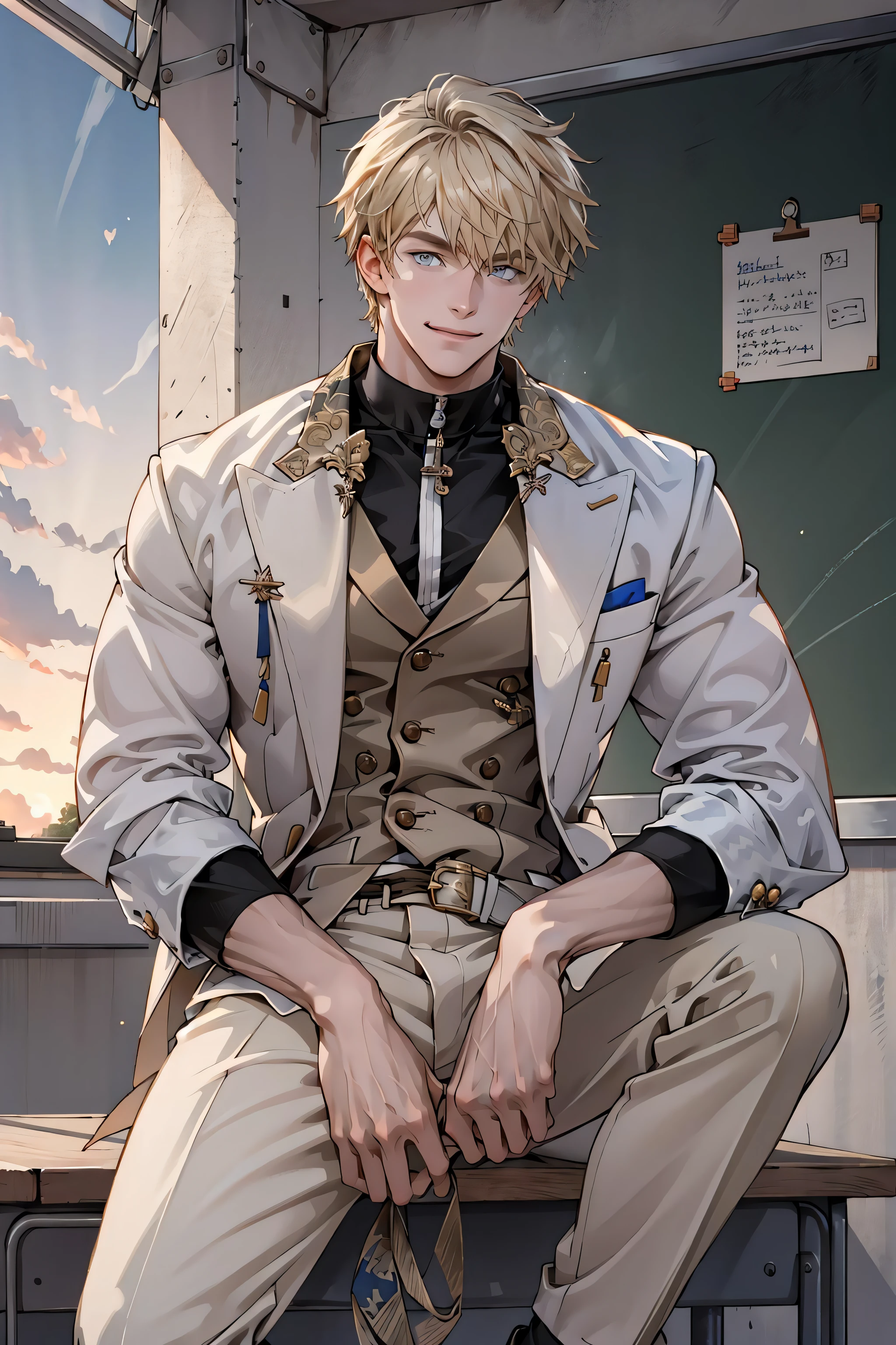 Best quality, masterpiece, ultra high res, detailed background, solo, male, 1boy, muscular , classroom, school, male school uniform, looking at viewer, depth of field, summer, smiling, blonde hair, blue eyes, no facial hair, gepard, dappled sunlight, bulge, afternoon, sunset , sitting in a desk, long legs