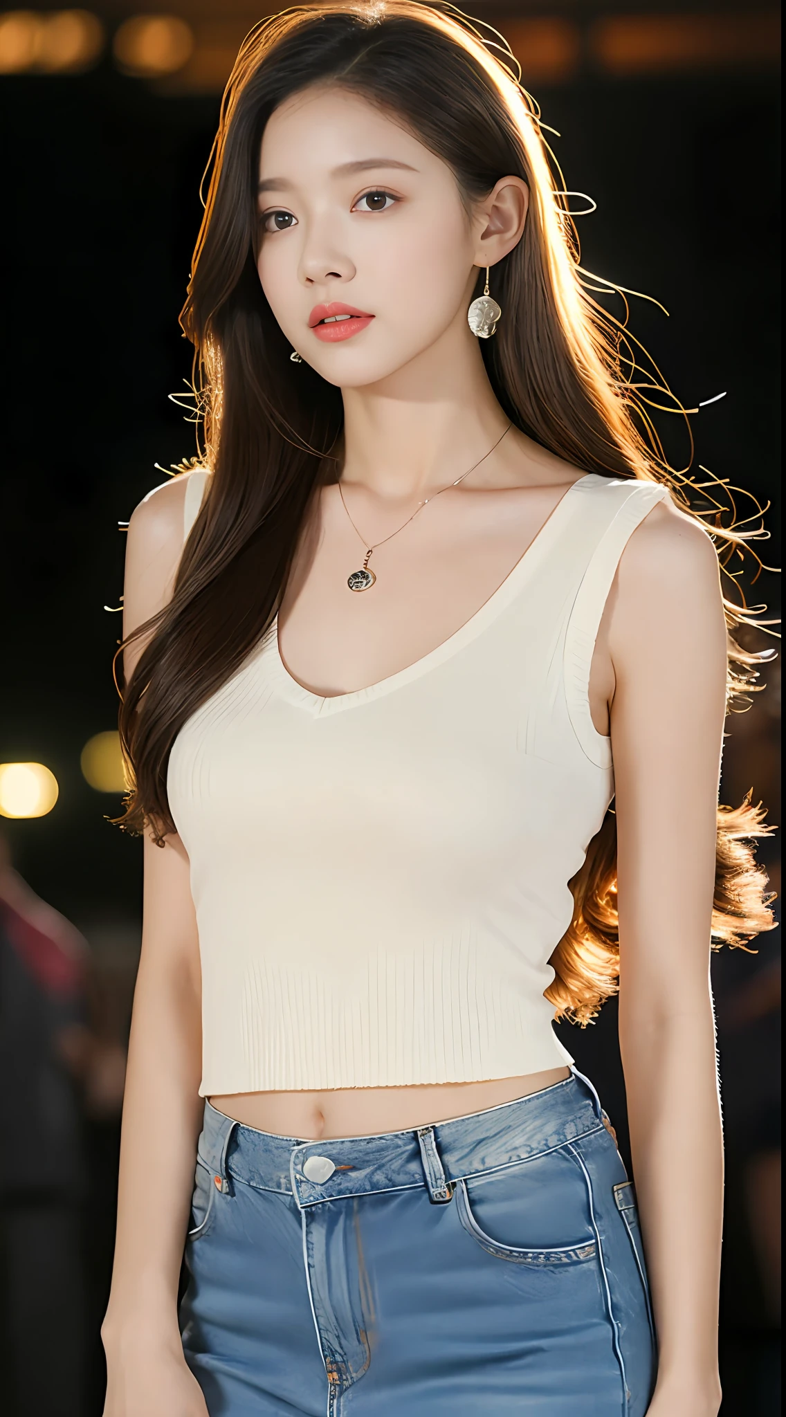 （realisticlying， A high resolution：1.3）， 1 girl with a perfect body， Super fine face and eyes，long whitr hair，Wearing necklaces and earrings， Crewneck vest of random color：1.2，short denim skirt，Night falls，Near Future City，middlebreast，Anatomically normal，Glow particle effect，