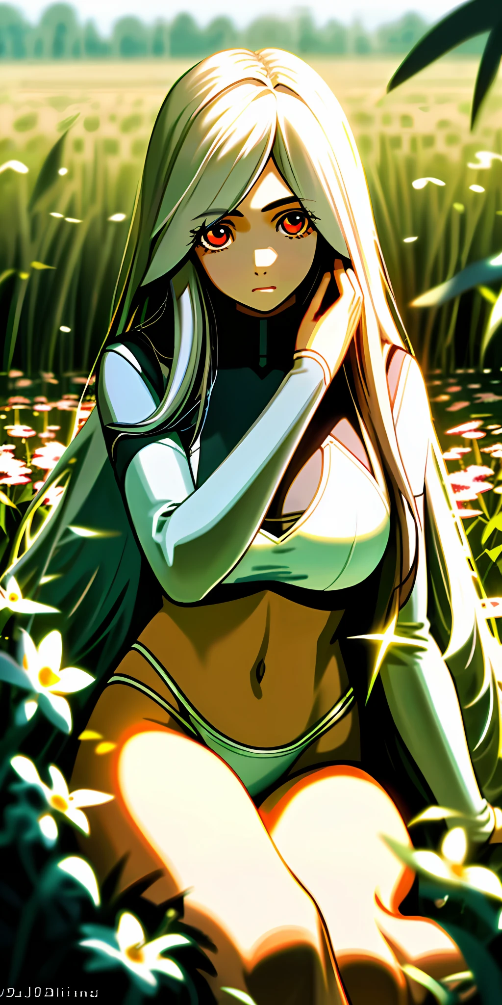 (tmasterpiece,best qualtiy),1 girl with long white hair sitting in a field of greenery and flowers,her hand under her chin,warmly lit,White bikini style underwear,The foreground holy light hits the body solo, ,tmasterpiece, Best quality at best, realisticlying, ultra - detailed, looking at viewert, with short black hair, with brown eye,slenderness,Dynamic light and shadow,A high resolution,Sharp focus,depth of fields,The eyes are delicate,Sharp pupils,pupil realistic,Big breasts 36D(Thigh thick:1.0)