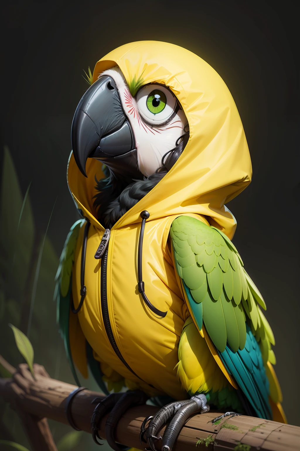 Cartoon parrot Big eyes cute wearing raincoat Yellow and green color scheme Q version