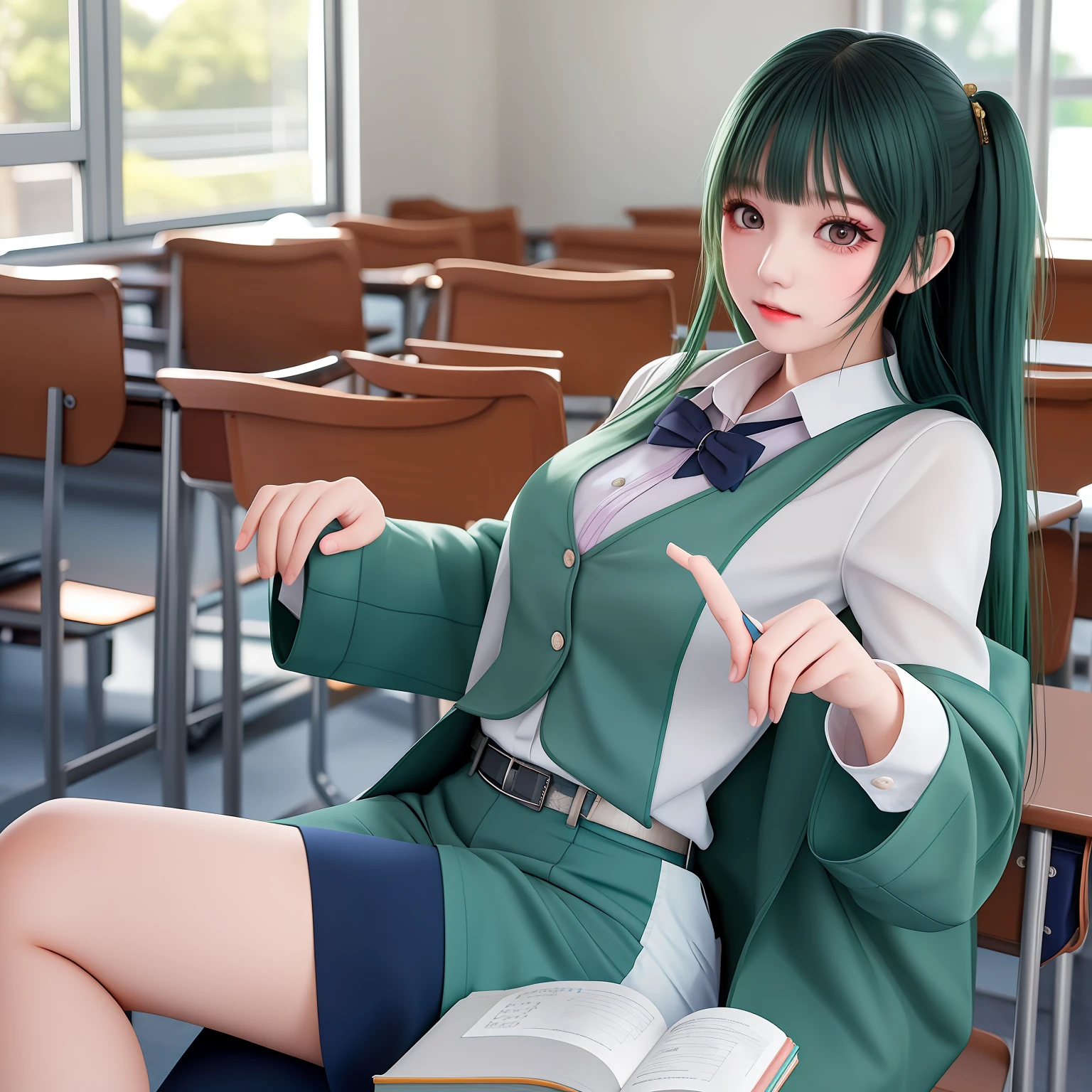 high school senior,largeeyes,dual horsetail,with a round face,in school uniform,Listen carefully in the classroom,Holding a language book in his hand,Expose off your underwear,s delicate face,Detailed makeup