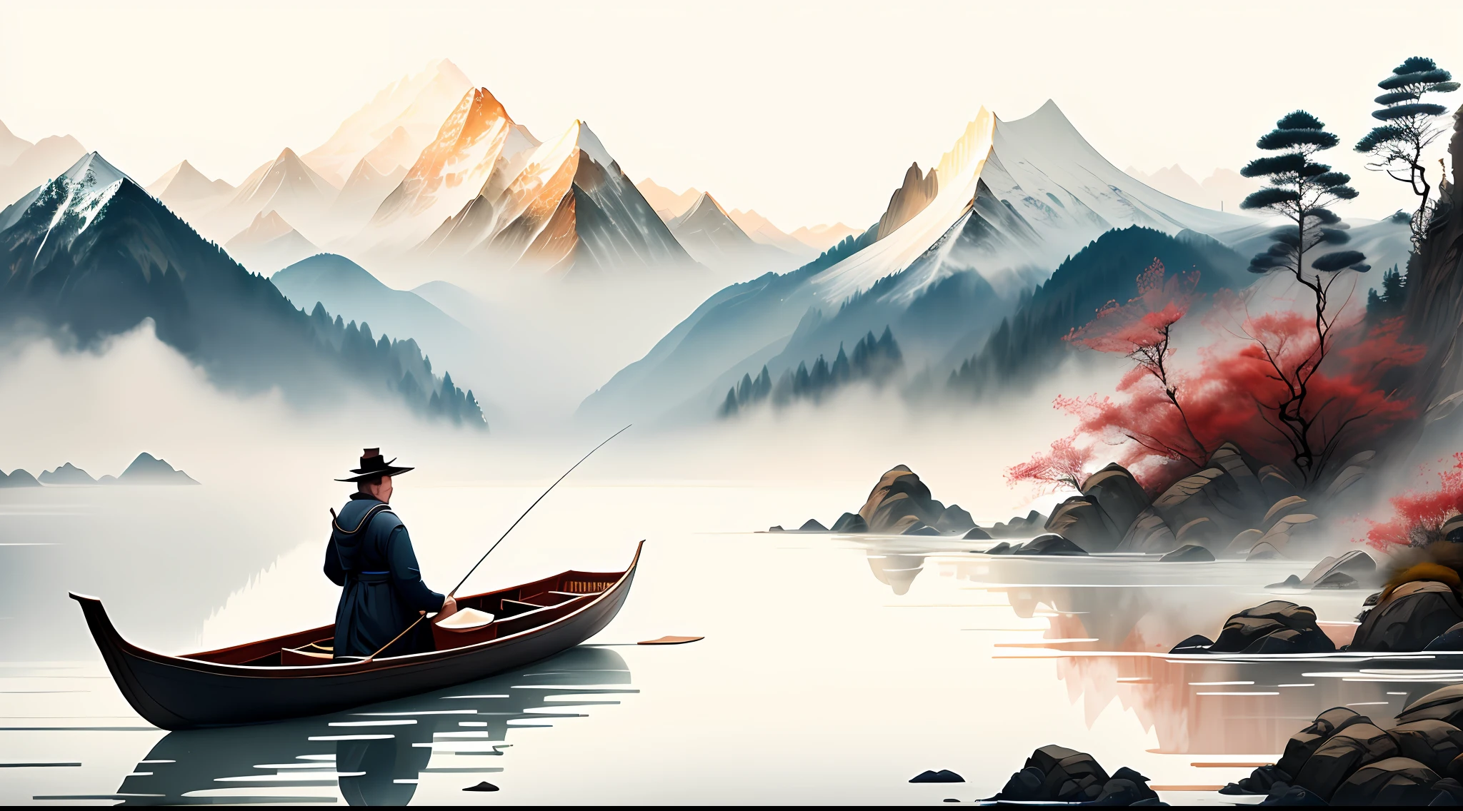 HighestQuali，In the style of traditional Chinese ink painting,Very far away，Faraway view,Master composition，Very detailed，A man fishing alone in a small boat，He wears a bamboo woven,Wears a brown-black brown fur braided gown，Focus on fishing，Icy lake water，Snow and ice cover，Fog on the surface of the river，The mountains on both sides are covered in snow and ice，Chinese style ink painting，Demonstrate contemplation and inner revelation of nature，Faraway view，Snow and ice cover，snow covered，Top-down view，Very detailed