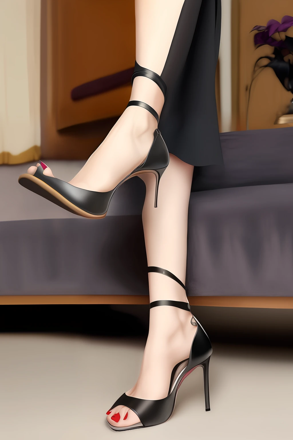 A beautiful woman in black silk points the soles of her feet at you