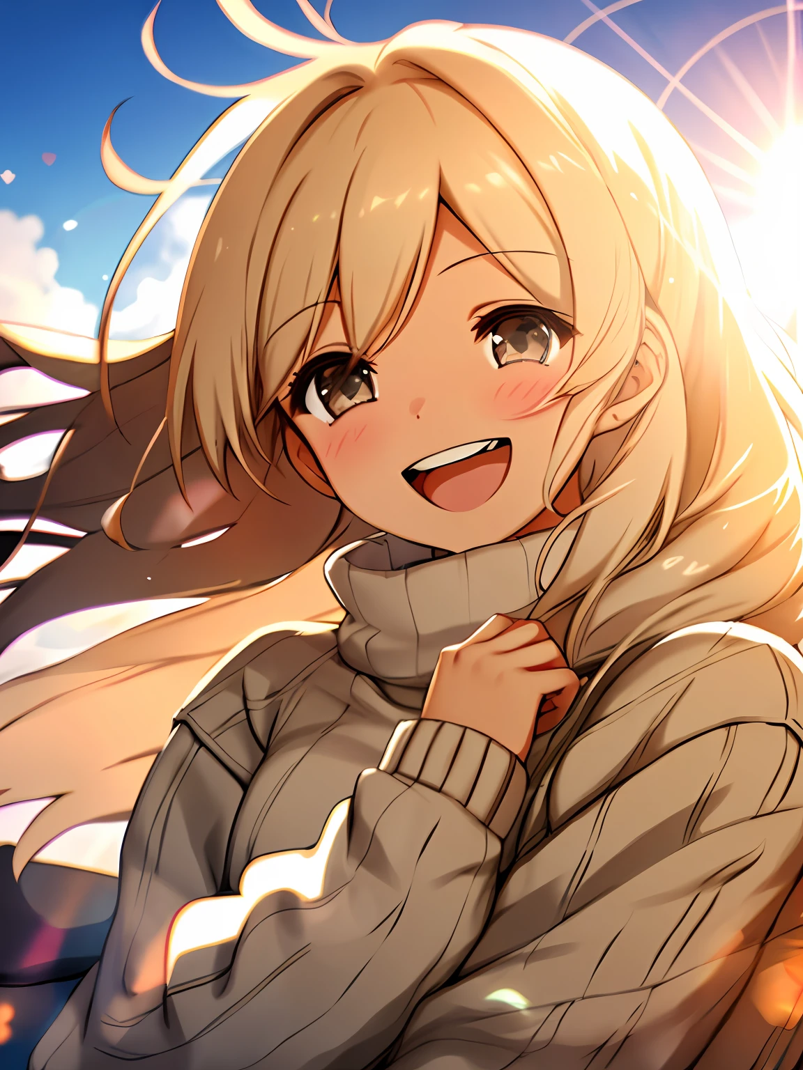 a girl, cosy sweater on, upper body, (huge Laughing:1.1), (open mouth:1.1), (wide open eyes:1.2), sun glare, bokeh, depth of field, blurry background, light particles, strong wind, (heart particles:1.1)