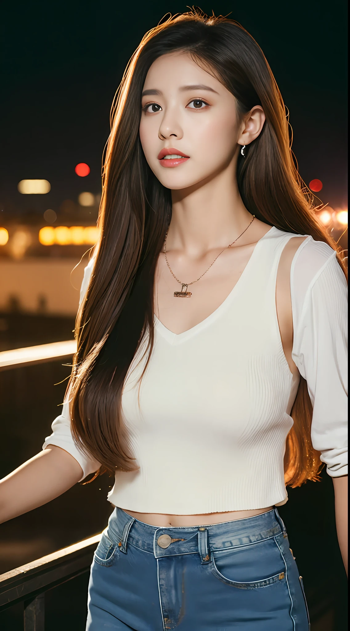 （realisticlying， A high resolution：1.3）， 1 girl with a perfect body， Super fine face and eyes，long whitr hair，Wearing necklaces and earrings， Crewneck vest of random color：1.2，short denim skirt，Night falls，Near Future City，middlebreast，Anatomically normal，Glow particle effect，