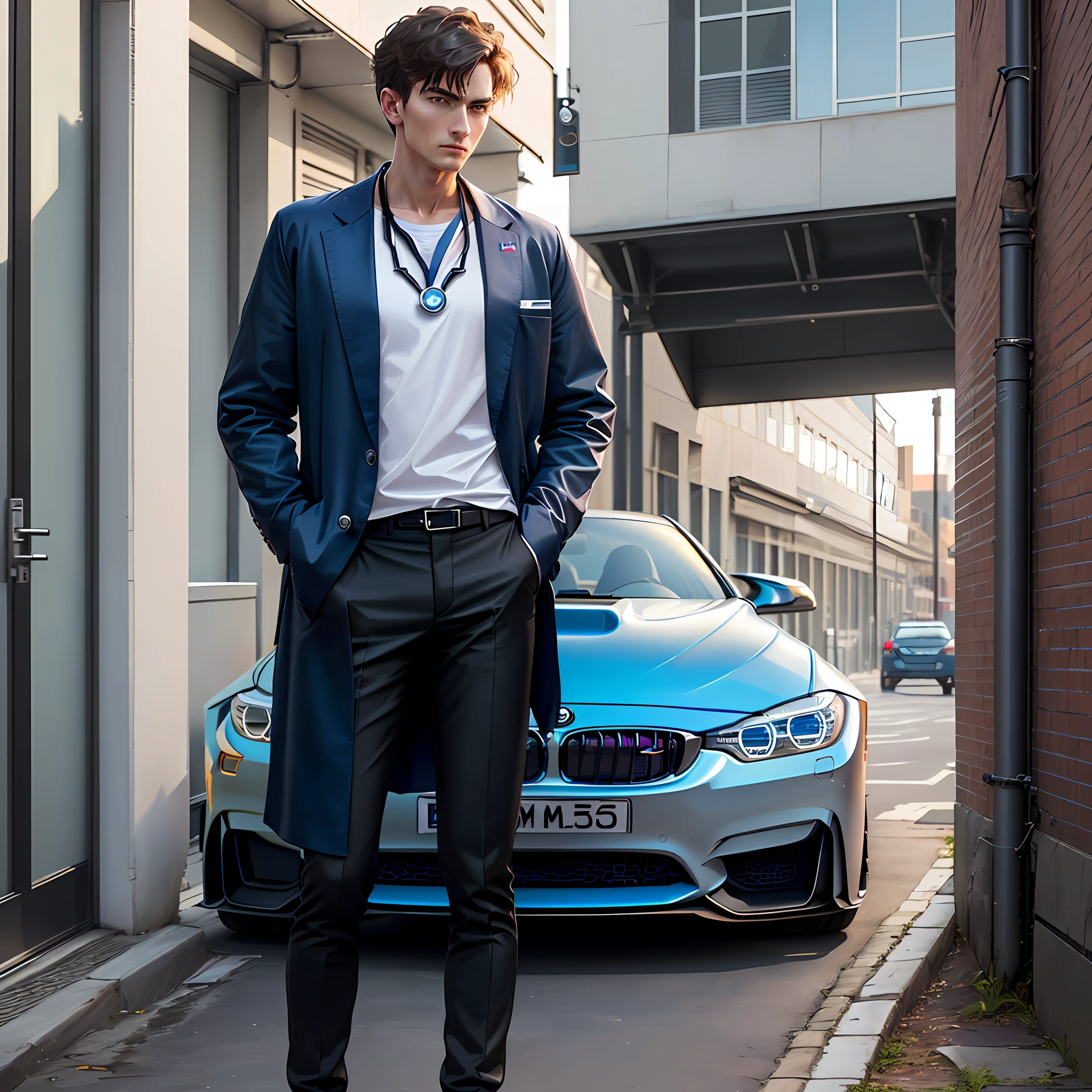 The doctor stands next to the BMW M4