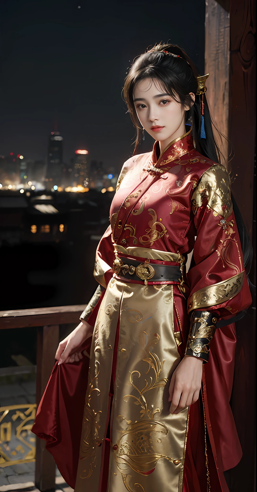 Feiyu_clothes， red-fabric， gold embroidery， Gold embroidered black bracer， high ponytails， depth of fields， night cityscape， 1girll， ulzzang-6500v1.1， （Original： 1.2）， （Realistis： 1.3） ， beautiful girl with beautiful details， extremelydetailedeyesandface， Eyes with beautiful details， absurderes， Incredibly Ridiculous res， hugefilesize， Hyper-detailing， A high resolution， ultra - detailed， best qualtiy， tmasterpiece， illustration， Ultra detailed and beautiful， ultra - detailed， CG， Solidarity， 8k 壁纸， astounding， finedetail， tmasterpiece， top-quality， offcial art， Extremely detailed Cg Unity 8K wallpaper， cinmatic lighting， （Perfect shiny skin：0.6）， Slim and smooth lines， （floatking）， （little breast：1）， 耳Nipple Ring ， tmasterpiece， Best quality at best，Full body photo，