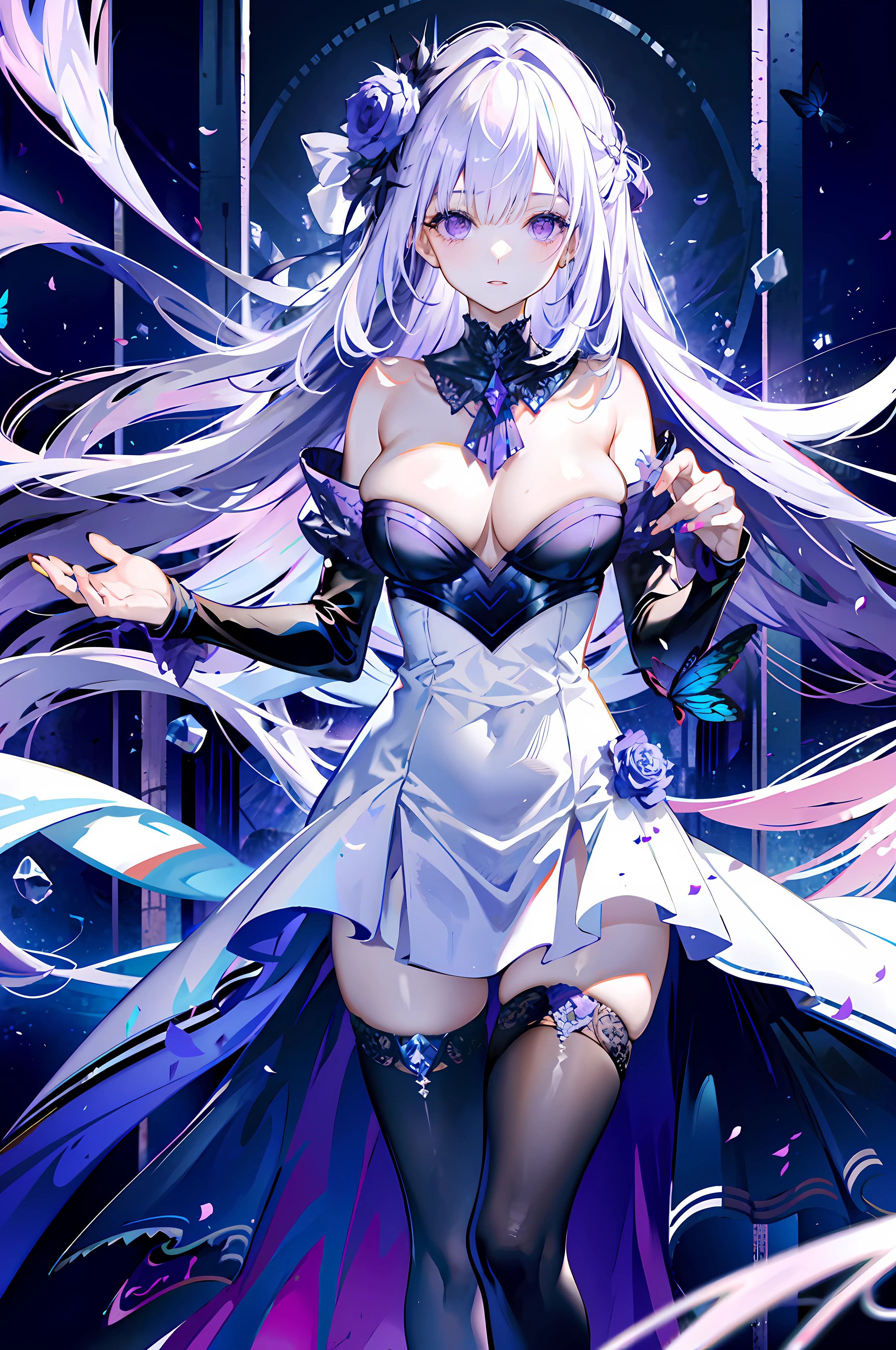 silber hair,butterflys,long whitr hair,8k wallpaper,detailedbackground,Highest high resolution,deep v big breasts,Hair covers one eye,Bandeau,chies,Purple roses,tight-fitting,themoon