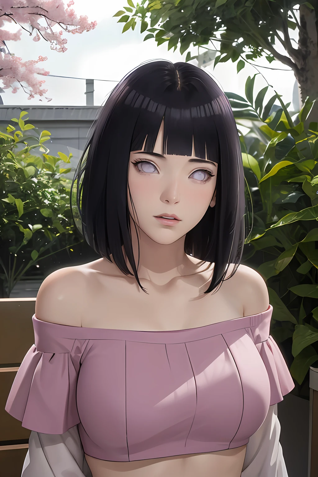 masterpiece, absurdres, hinata\(boruto\), 1girl, solo,mature female, off-shoulder crop top, looking at viewer, (falling petals), perfect composition, detailed lips, big breast, beautiful face, body propotion, blush, (pink lips), long hair,  purple eyes,  soft gaze,  super realistic, detailed, photoshoot, realistic face and body, sexual expression, seductive expression,