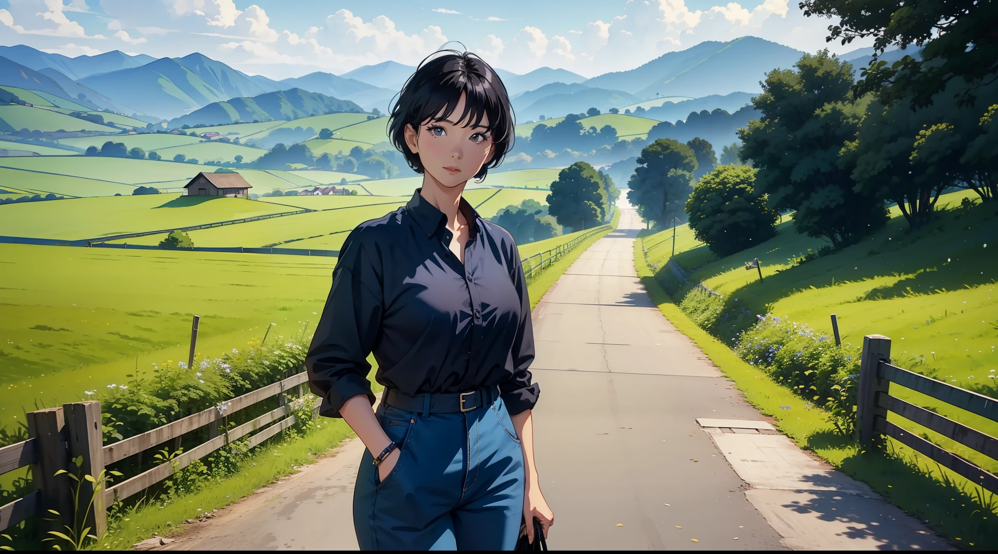 Countryside in the 80s，A 40-year-old woman，Short black hair，Blue clothes。