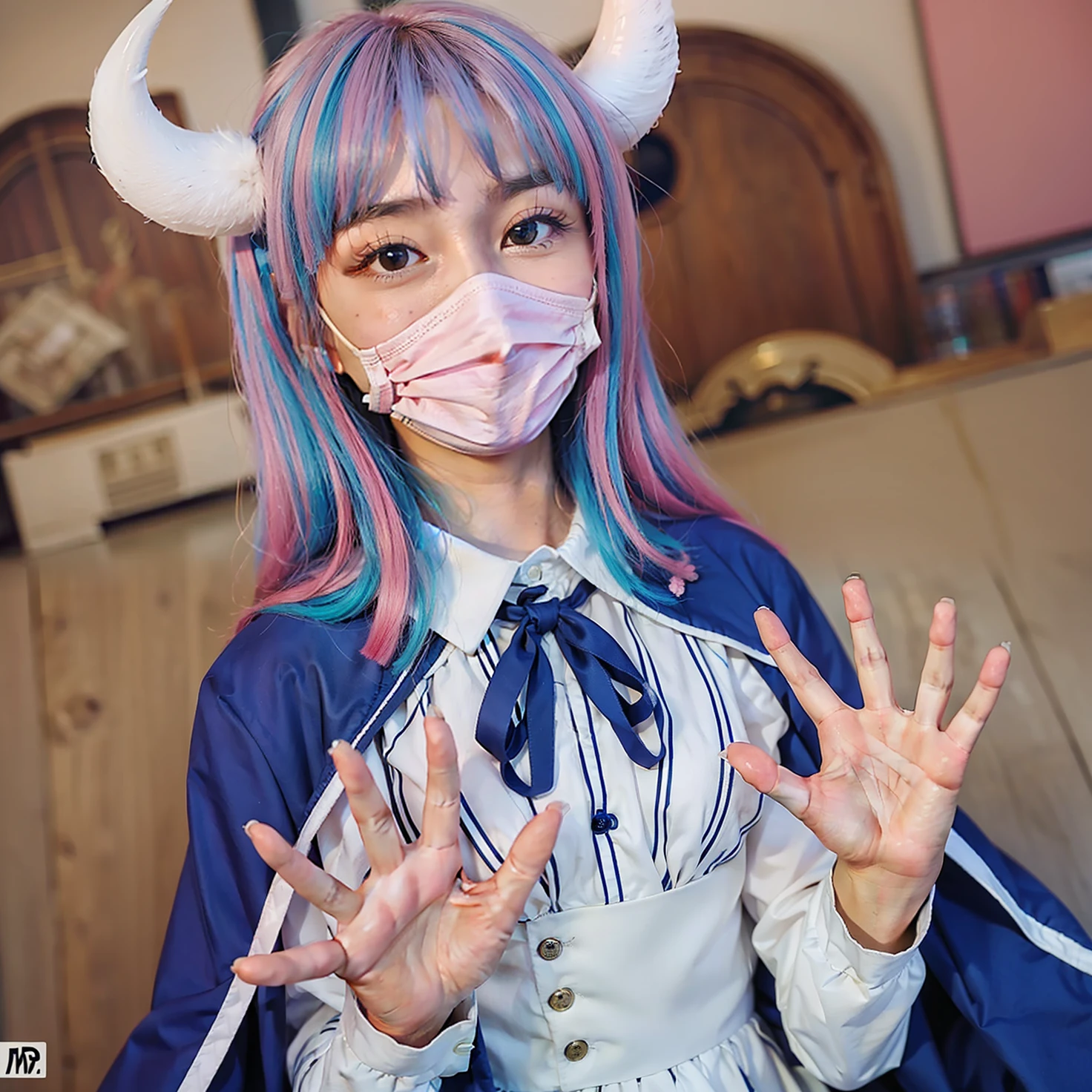 girl with pink mask,have 2 white horn in head,hand detailed