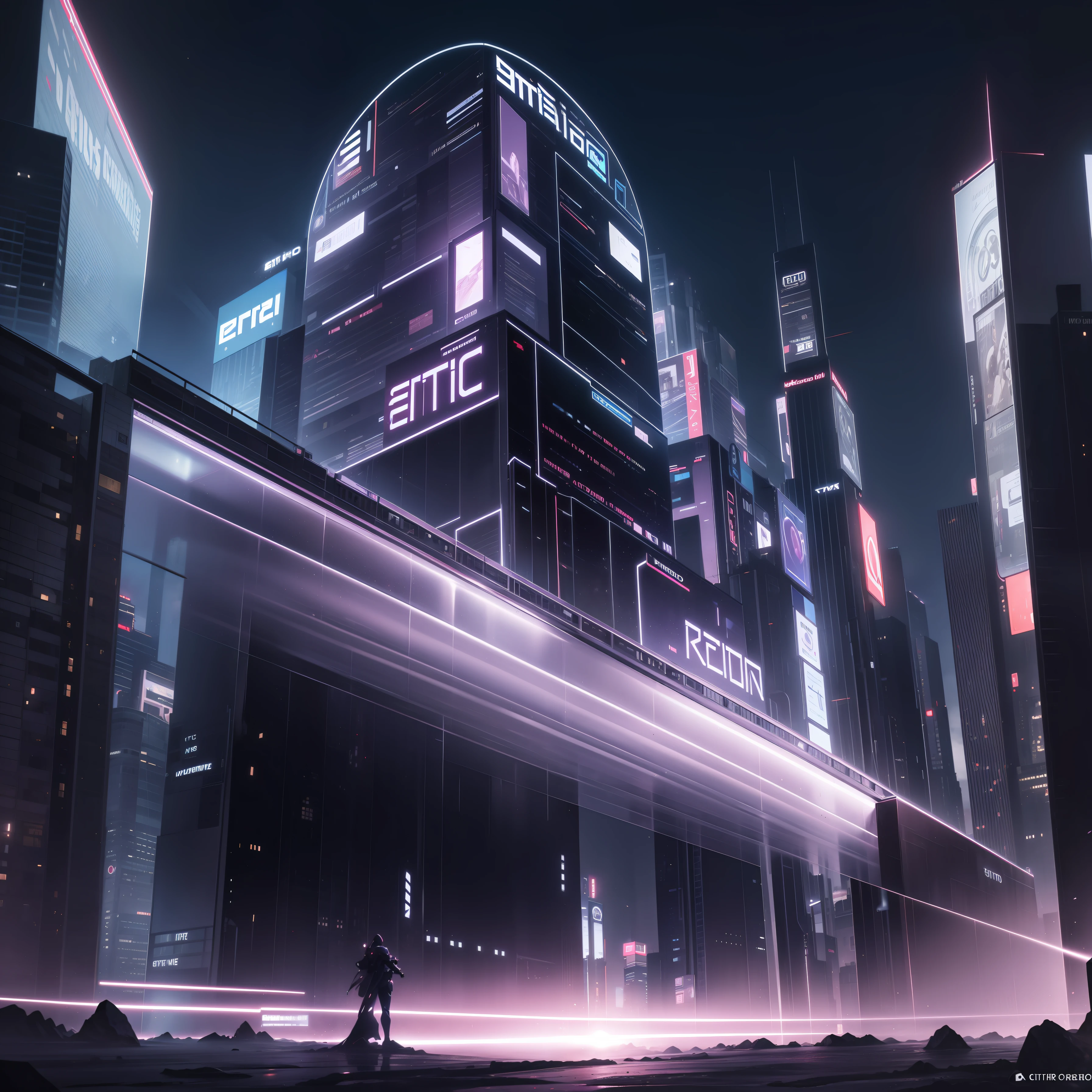Arte, mundo futurista, city, dark, Cybernetic Illusions, Ultra FHD Resolution, Epic rendering, colorido com mais foco no roxo