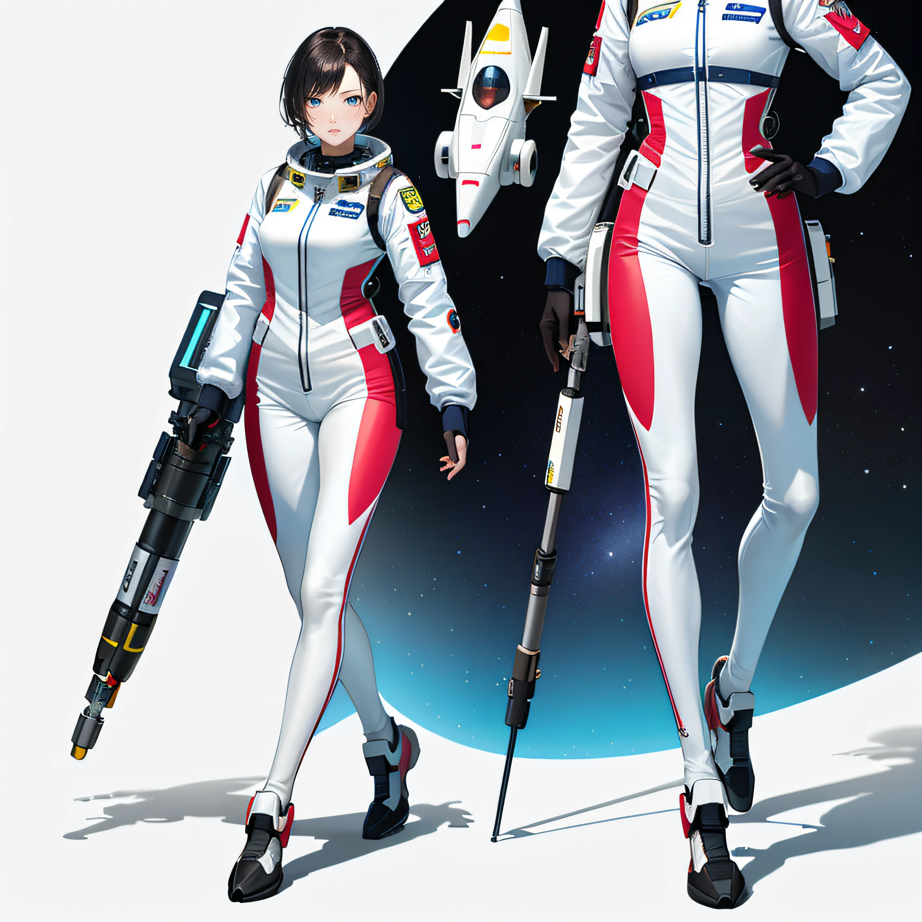 Anime - Stylistic image of two women holding weapons in spacesuits, portrait anime space cadet girl, beautiful sci - fi twins, wear spacesuits, krenz cushart and wenjun lin, Spacesuit, Wear futuristic space gear, modern spacesuit, futuristic spacesuit, Sci-fi spacesuit, lunar themed attire, space suit, pristine concept art