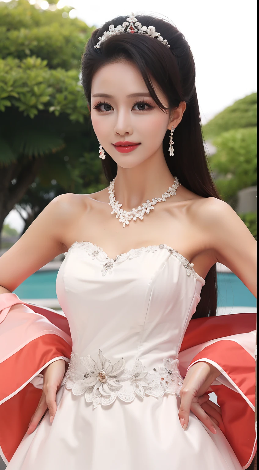 Fashion model 20 years old [[[[closeup cleavage]]]], [[[[boobgasm]]]], [[[[coll]]]], [[[[bshoulders]]]], perfect  eyes, Perfect iris，Perfect lips，perfect teeth，Perfect skin，with fair skin，Long face，slender nose，Soft front light，hdr，Movie girl，long whitr hair，Long hair with a shawl，Casual，The background is outdoors，Flowers and greenery，（pastel colour：1.2）