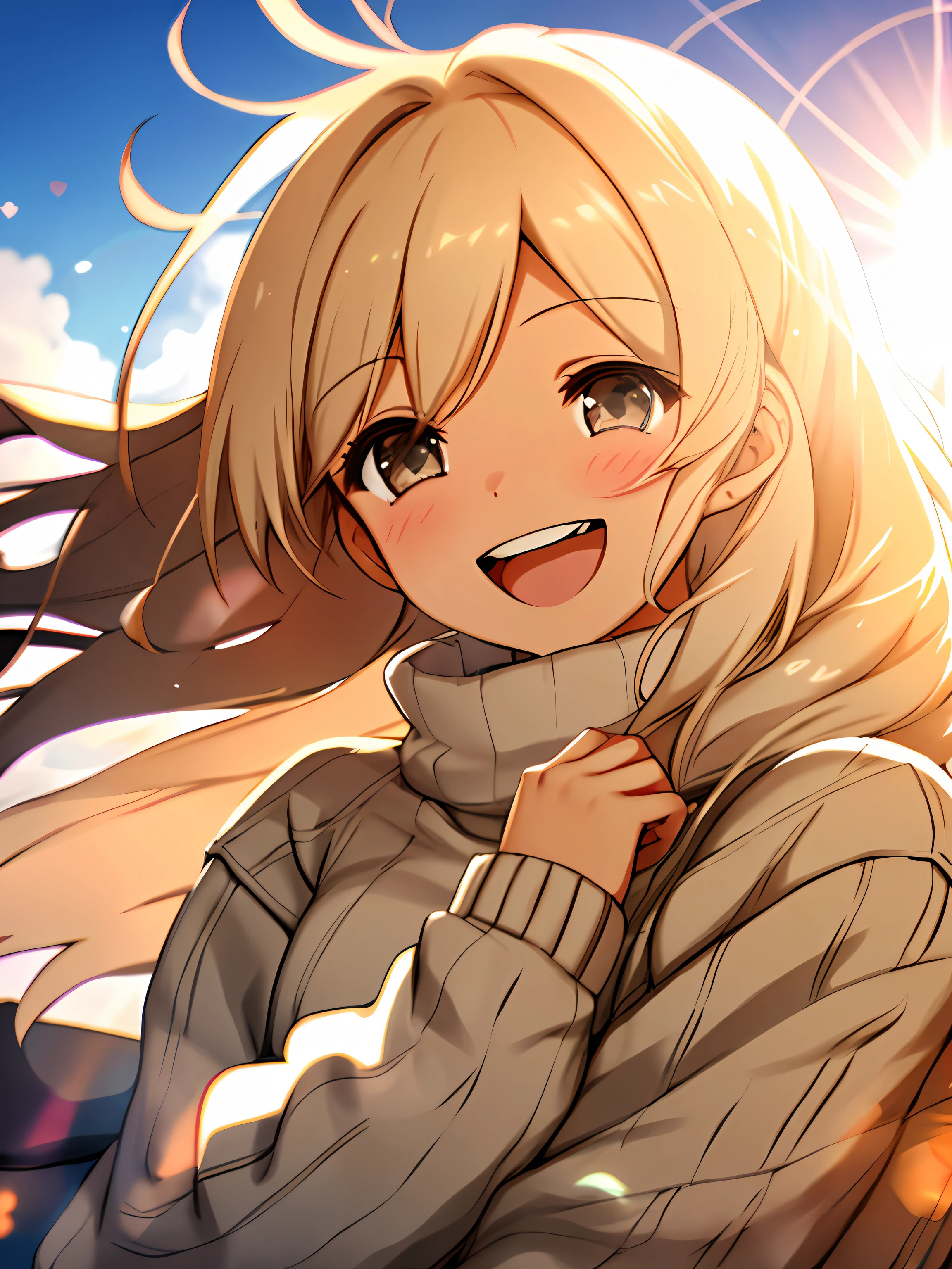 a girl, cosy sweater on, upper body, (huge Laughing:1.1), (open mouth:1.1), (wide open eyes:1.2), sun glare, bokeh, depth of field, blurry background, light particles, strong wind, (heart particles:1.1)