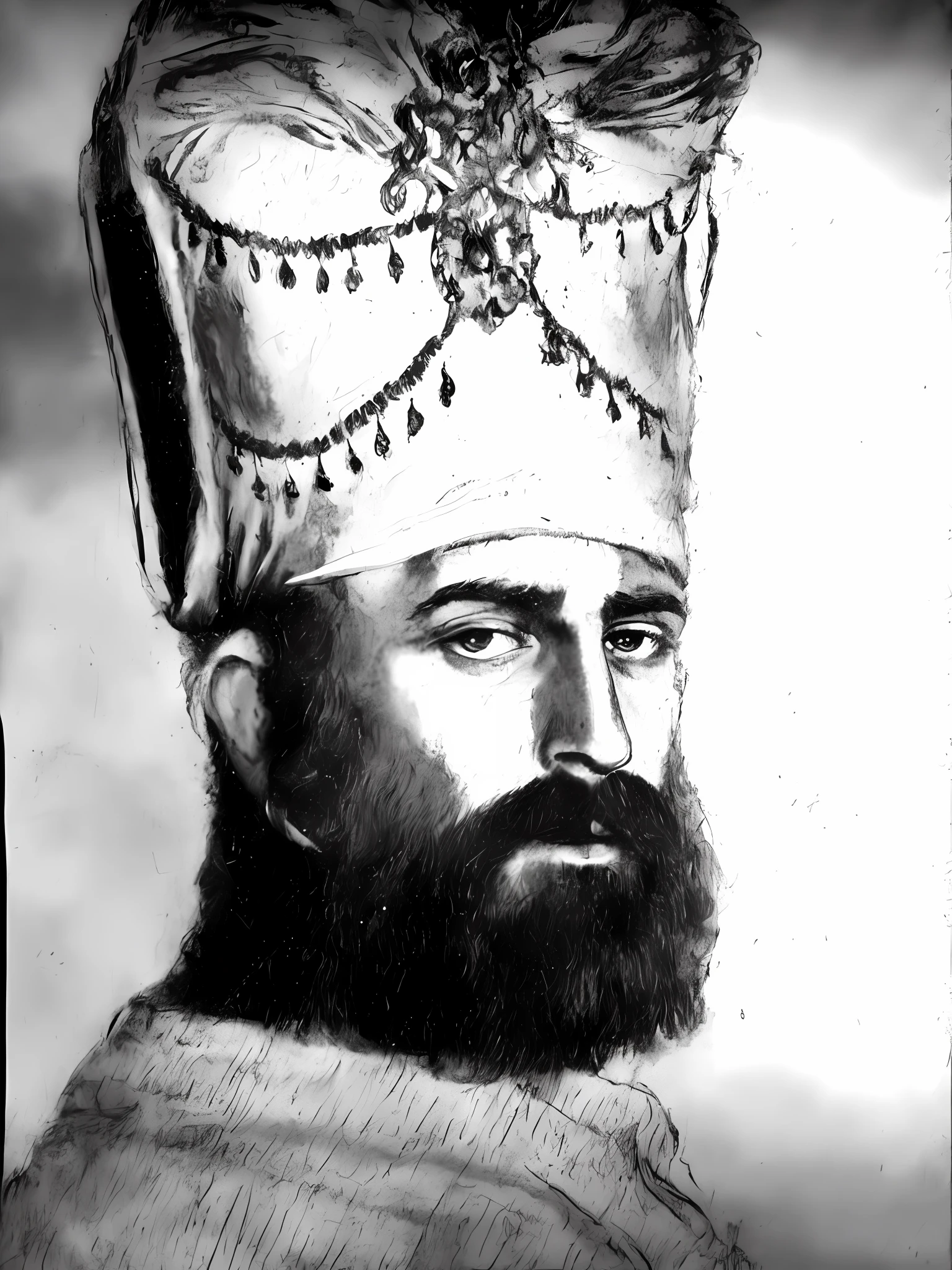 A painting of a man with a beard and a turban, inspired by Nicomachus of Thebes, orthodox saint, Gal Joseph, 3 / 4 view portrait, inspired by Altoon Sultan, Portrait of a saint in the pit, author:Balázs Diószegi, author:August Černigoj, traditional portrait, Detailed portrait, orthodox