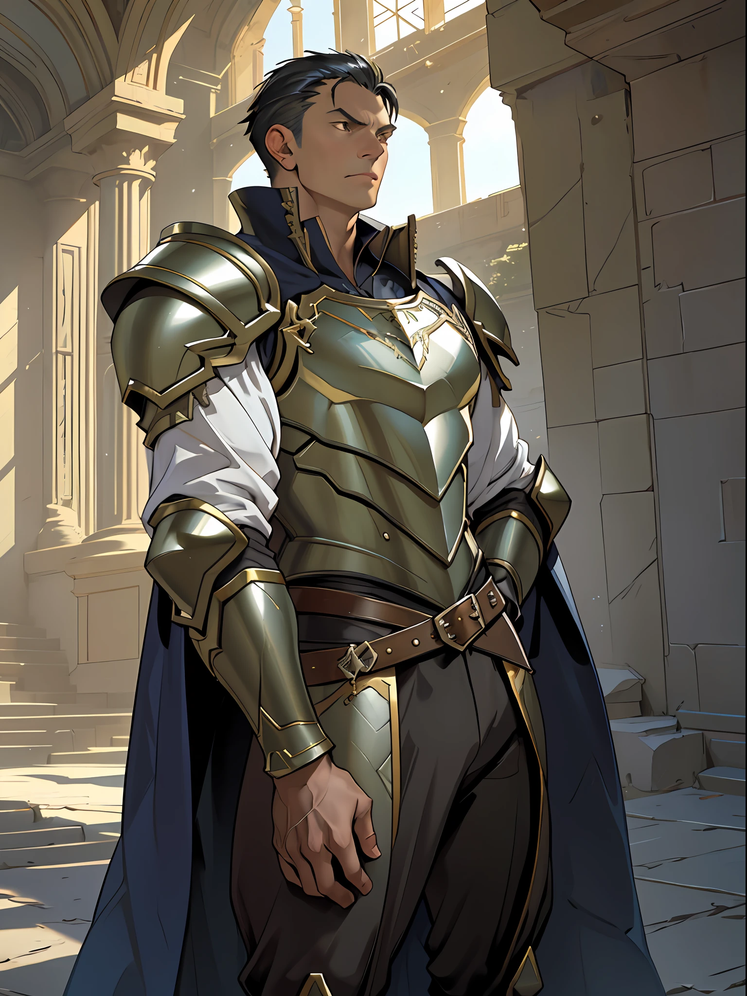 Portrait of a man, 1boy, Solo, Stand quietly, Heroes, A hero never seen before, jawline, Male, Epic, Handsome, prince, warrior, Silver armor, hyperdetailed 3d matte painting, cinemascope panoramic, awe inspiring, landscape, Natural skin texture,  Sharp focus, ((Cinematic look)), insanely details, Intricate details, greg rutkovsky、Works of art by Caravaggio and Alphonse Mucha, analogue style, Castle, inside castle, Calm environment,