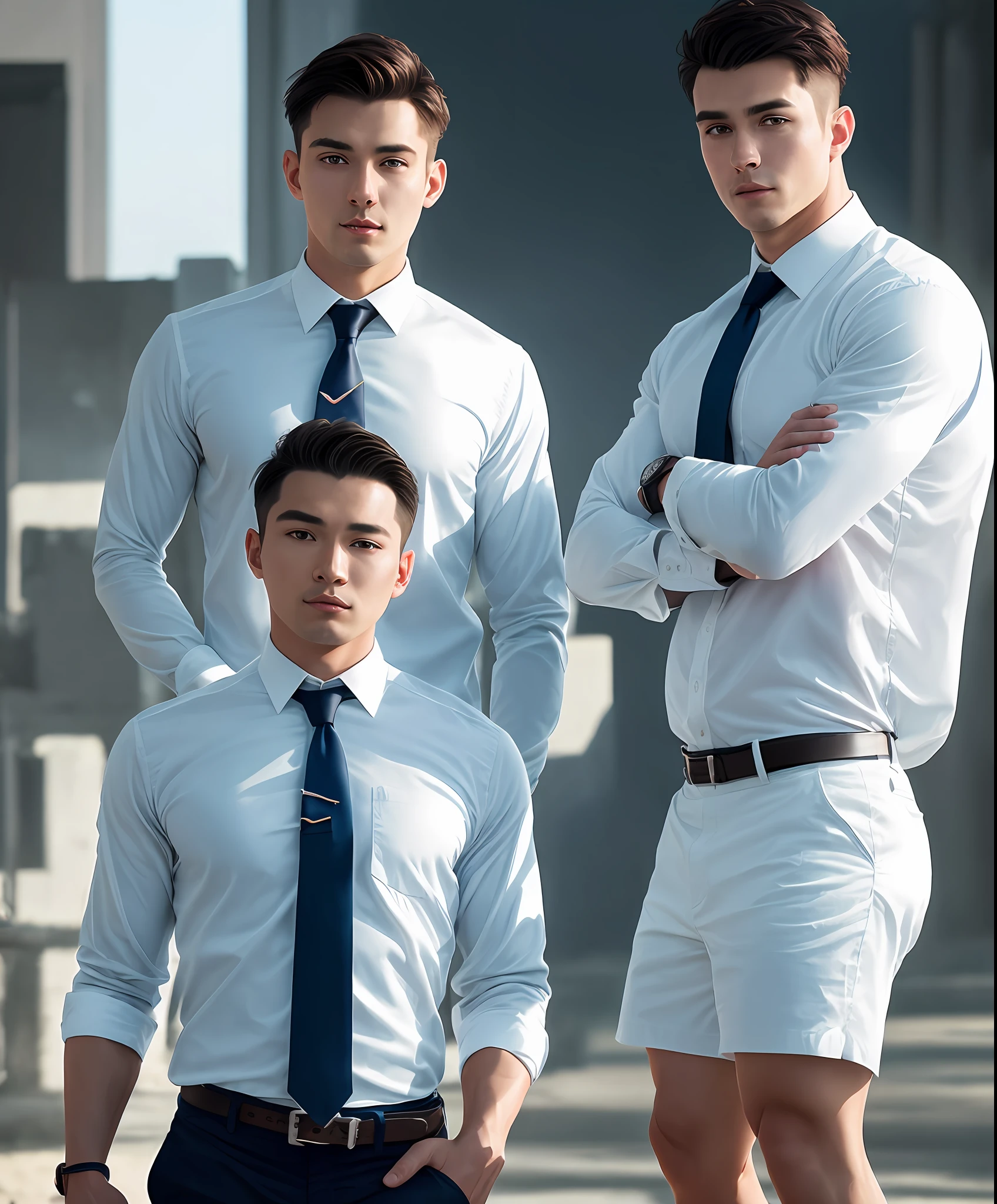 1man，A 25-year-old muscular man，Wear a long-sleeved white shirt and tie，full bodyesbian，Lower body erection，gentlesoftlighting，tmasterpiece，best qualtiy，8K  UHD，digital SLR camera，filmgrain，Midjourney and greg rutkowski's Fujifilm XT3 realistic painting art