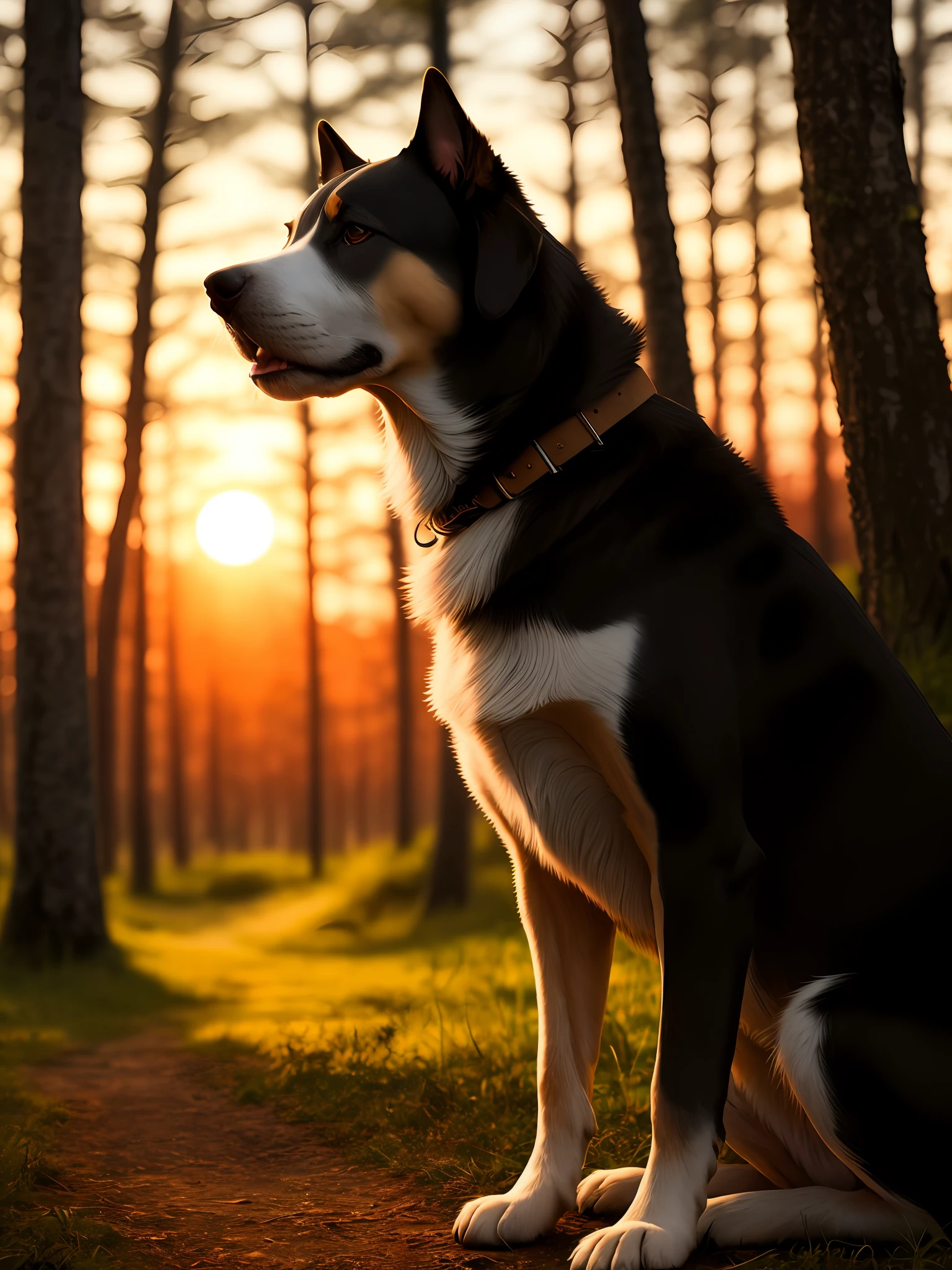 A beautiful dog in the forest, sunset, dark theme, 4k, ultra quality, ultra detailed, photography, realism