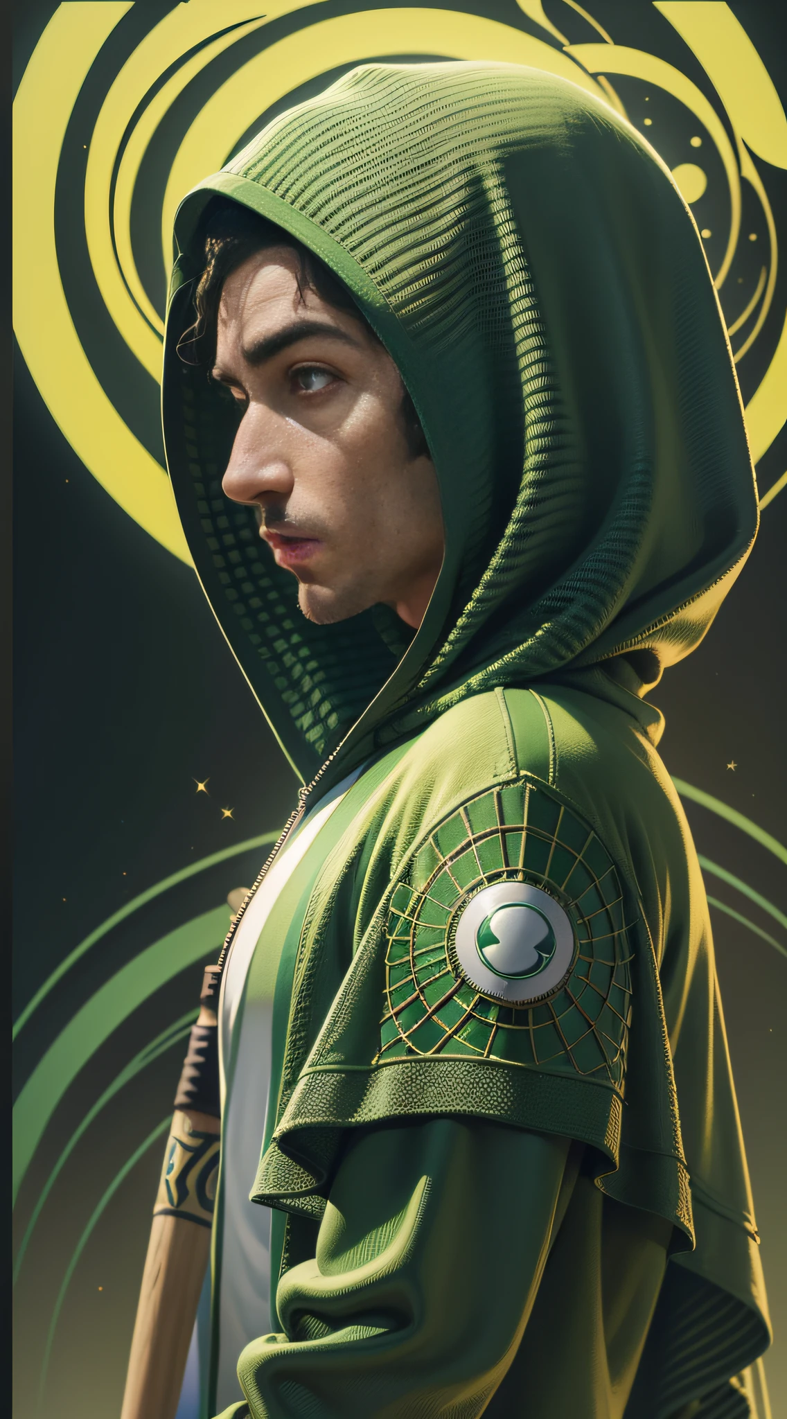 arafed man in a green sweater holding a baseball bat, an album cover inspired by Nassos Daphnis, reddit, op art, wearing sci - fi cloak with hood, wearing a parker, profile picture, profile photo, profile pic, profile shot, album art, avatar image, wearing a hoody, profile image, wearing nanotech honeycomb robe