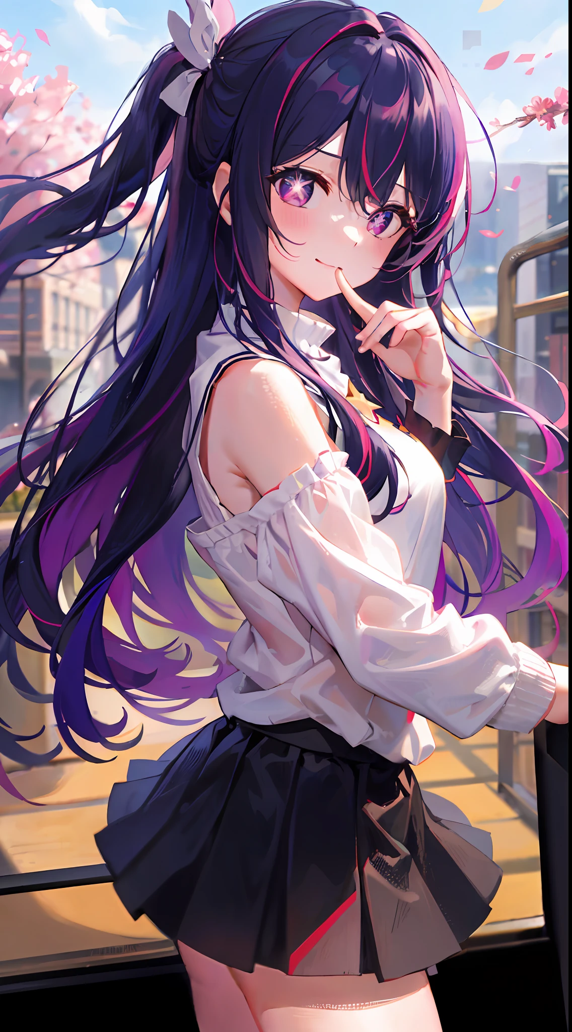 Hoshino Ai, long hair, purple hair, streaked hair ,purple eyes, star-shaped pupils, hair ornament,Candid photos of girls,Volumetriclighting,best shadow,shallowdepthoffield,Portrait of a beautiful girl,Delicate Beautiful Attractive Face,Charming sharp red eyes,Sharp eyebrows,Enjoying The Scenery,Keep one's mouth shut,(lovely small breasts),ssmile,Layered long black double-sided curls、The wind blows、shairband、Blush Eyeshadow、Thick lashes、Red turtleneck on the cross、short- sleeved、perfect bodies,big breasts thin waist、Short black pleated skirt、Thigh notch、black high-socks、clouds、parks,Overpass guardrails、Back Shadow、Side view leaning on the railing、scapula、(HighestQuali、astonishing detail:1.25)、(solo person:1.3)、Brilliant and colorful paintings,cowboy lens