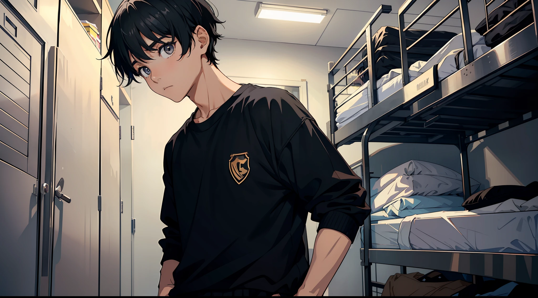 (A boy with),black color hair,Black eyes,((Blackn clothes)),schools,Standing in the dormitory