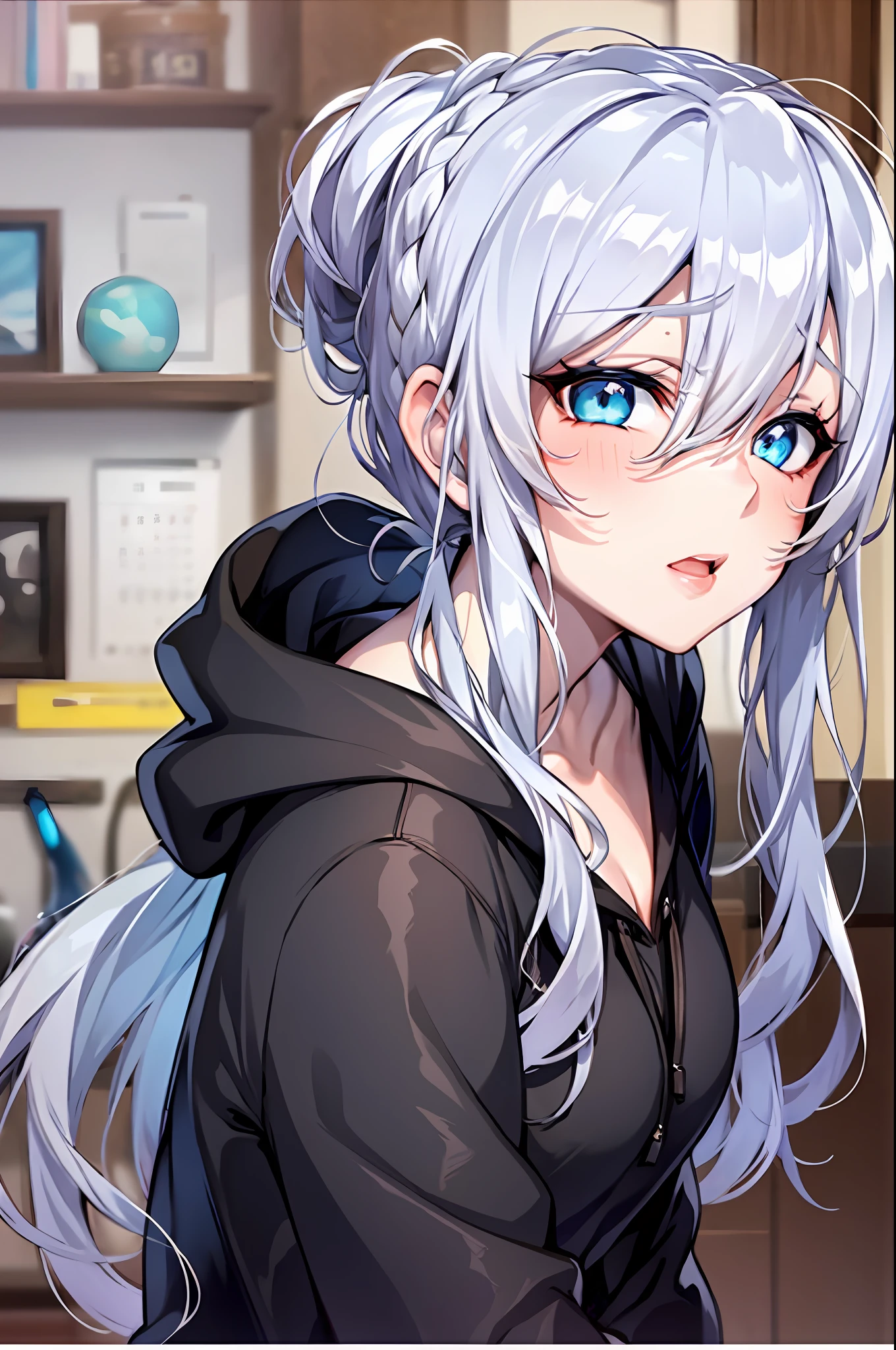 Silver hair and  eyes in a black hoodie, anime visual of a cute girl, screenshot from the anime film, & her expression is solemn, ahegao face, in the anime film, in an anime, anime visual of a young woman, she has a cute expressive face, still from anime