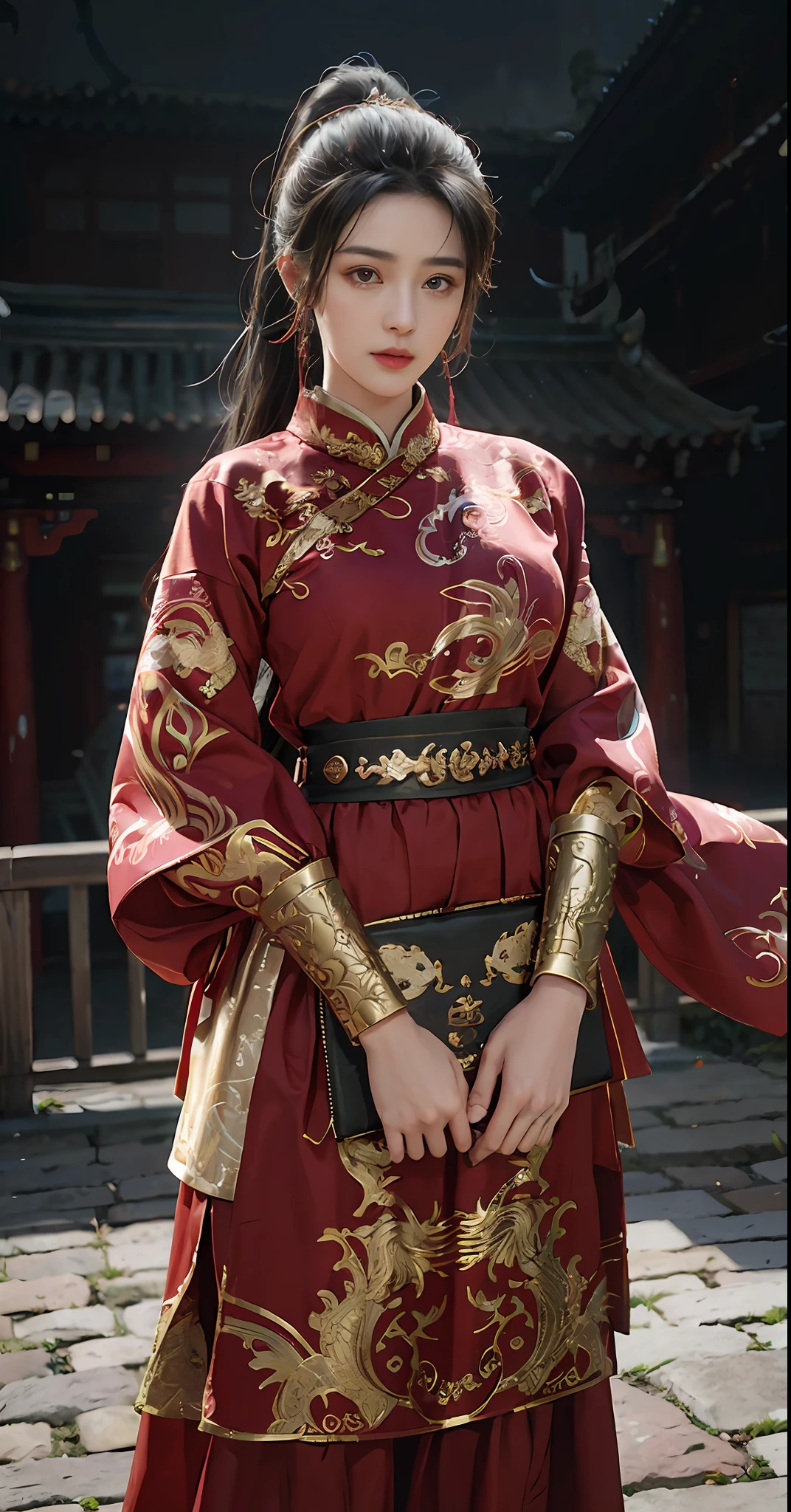 Feiyu_clothes， red-fabric， gold embroidery， Gold embroidered black bracer， high ponytails， depth of fields， night cityscape， 1girll， ulzzang-6500v1.1， （Original： 1.2）， （Realistis： 1.3） ， beautiful girl with beautiful details， extremelydetailedeyesandface， Eyes with beautiful details， absurderes， Incredibly Ridiculous res， hugefilesize， Hyper-detailing， A high resolution， ultra - detailed， best qualtiy， tmasterpiece， illustration， Ultra detailed and beautiful， ultra - detailed， CG， Solidarity， 8k 壁纸， astounding， finedetail， tmasterpiece， top-quality， offcial art， Extremely detailed Cg Unity 8K wallpaper， cinmatic lighting， （Perfect shiny skin：0.6）， Slim and smooth lines， （floatking）， （little breast：1）， 耳Nipple Ring ， tmasterpiece， Best quality at best，