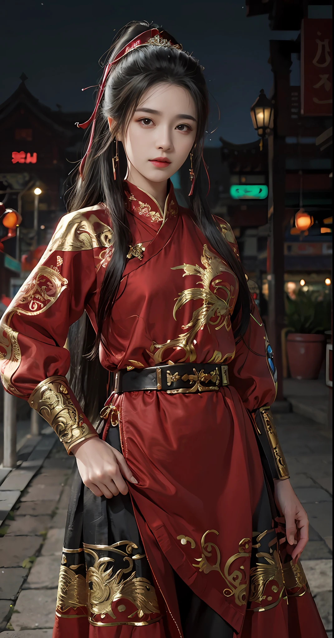 Feiyu_clothes， red-fabric， gold embroidery， Gold embroidered black bracer， high ponytails， depth of fields， night cityscape， 1girll， ulzzang-6500v1.1， （Original： 1.2）， （Realistis： 1.3） ， beautiful girl with beautiful details， extremelydetailedeyesandface， Eyes with beautiful details， absurderes， Incredibly Ridiculous res， hugefilesize， Hyper-detailing， A high resolution， ultra - detailed， best qualtiy， tmasterpiece， illustration， Ultra detailed and beautiful， ultra - detailed， CG， Solidarity， 8k 壁纸， astounding， finedetail， tmasterpiece， top-quality， offcial art， Extremely detailed Cg Unity 8K wallpaper， cinmatic lighting， （Perfect shiny skin：0.6）， Slim and smooth lines， （floatking）， （little breast：1）， 耳Nipple Ring ， tmasterpiece， Best quality at best，