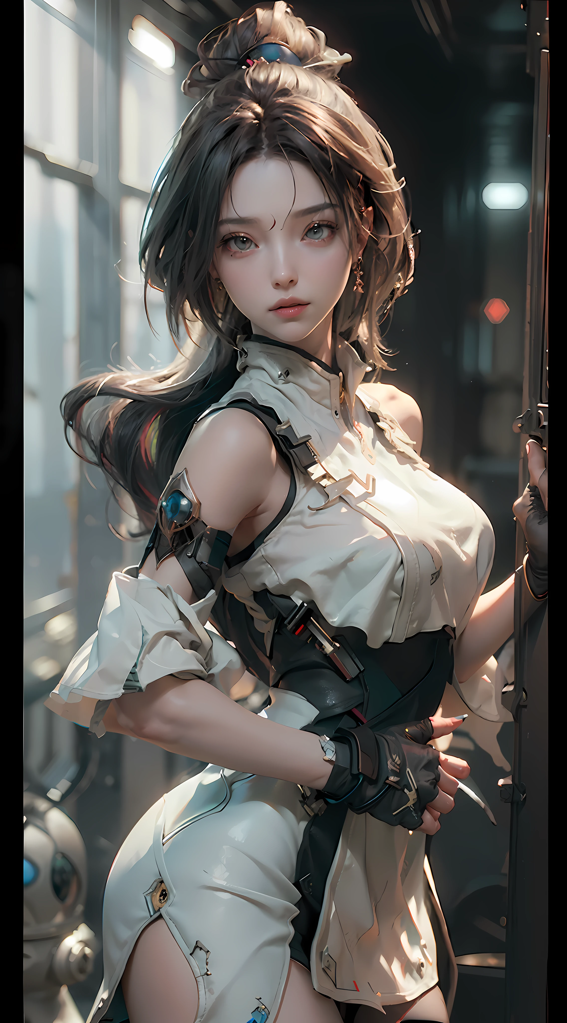 ((Best quality)), ((masterpiece)), (detailed:1.4), 3D, an image of a beautiful cyberpunk female,HDR (High Dynamic Range),Ray Tracing,NVIDIA RTX,Super-Resolution,Unreal 5,Subsurface scattering,PBR Texturing,Post-processing,Anisotropic Filtering,Depth-of-field,Maximum clarity and sharpness,Multi-layered textures,Albedo and Specular maps,Surface shading,Accurate simulation of light-material interaction,Perfect proportions,Octane Render,Two-tone lighting,Wide aperture,Low ISO,White balance,Rule of thirds,8K RAW,