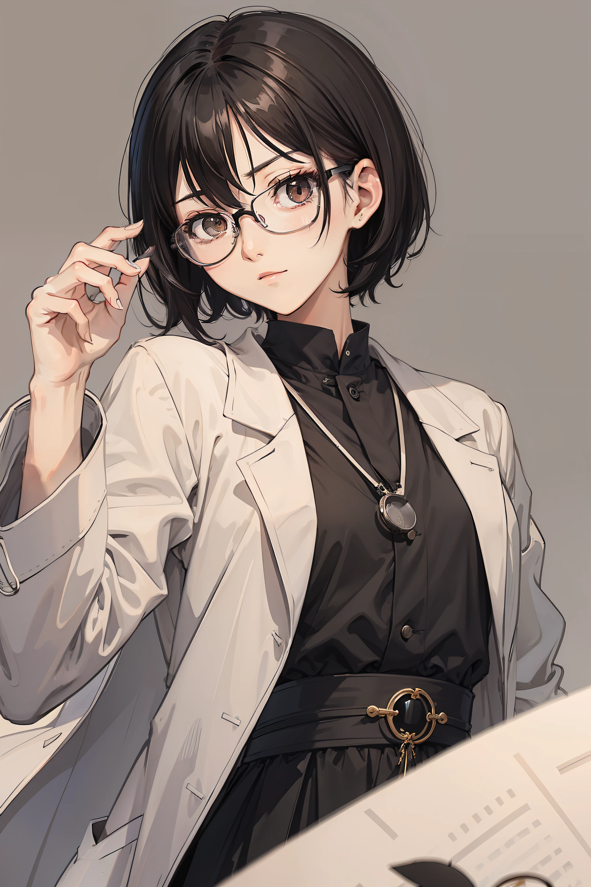 femele、Short black hair、eye glasses、slender、physician