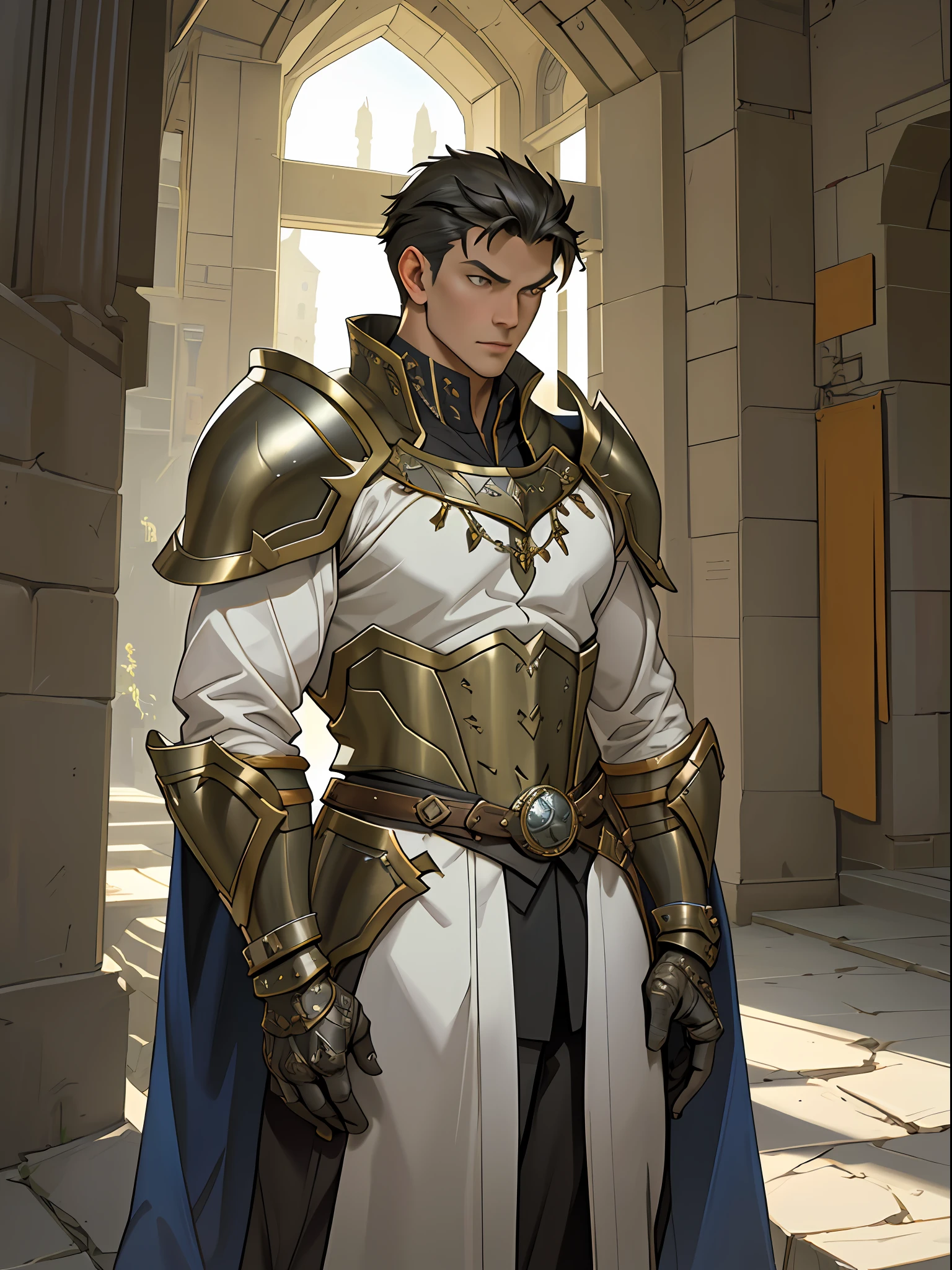 Portrait of a man, 1boy, Solo, Stand quietly, Heroes, A hero never seen before, jawline, Male, Epic, Handsome, prince, warrior, Silver armor, hyperdetailed 3d matte painting, cinemascope panoramic, awe inspiring, landscape, Natural skin texture,  Sharp focus, ((Cinematic look)), insanely details, Intricate details, greg rutkovsky、Works of art by Caravaggio and Alphonse Mucha, analogue style, Castle, inside castle, Calm environment,