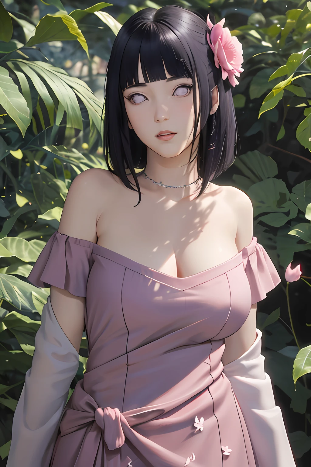 masterpiece, absurdres, hinata\(boruto\), 1girl, solo,mature female, off shoulder floral dress, looking at viewer, (falling petals), perfect composition, detailed lips, big breast, beautiful face, body propotion, blush, (pink lips), long hair, purple eyes, soft gaze, super realistic, detailed, photoshoot, realistic face and body, sexual expression, seductive expression,