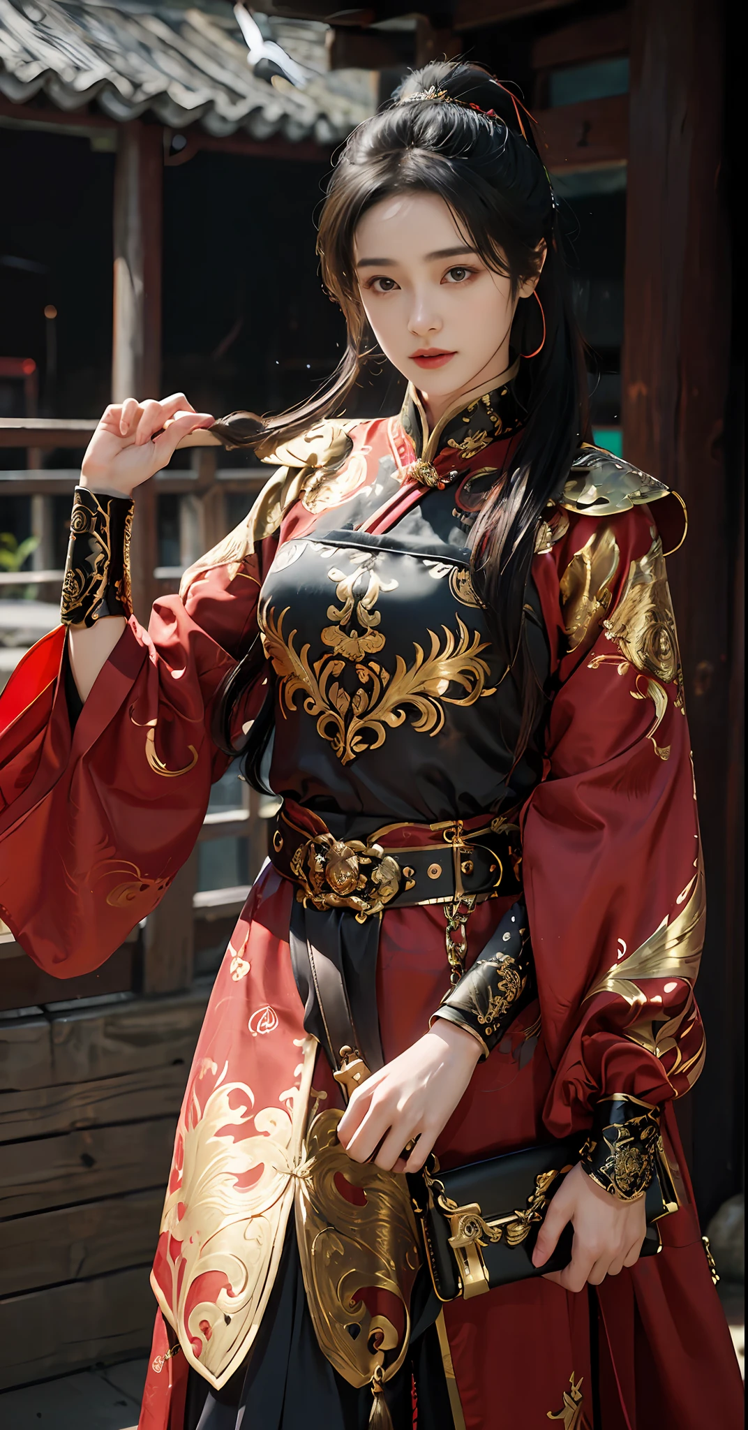 Feiyu_clothes, red-fabric, gold embroidery, Gold embroidered black bracer, high ponytails, depth of fields, night cityscape, 1girll, ulzzang-6500v1.1, (Original: 1.2), (Realistis: 1.3) , beautiful girl with beautiful details, extremelydetailedeyesandface, Eyes with beautiful details, absurderes, Incredibly Ridiculous res, hugefilesize, Hyper-detailing, A high resolution, ultra - detailed, best qualtiy, tmasterpiece, illustration, Ultra detailed and beautiful, ultra - detailed, CG, Solidarity, 8k 壁纸, astounding, finedetail, tmasterpiece, top-quality, offcial art, Extremely detailed Cg Unity 8K wallpaper, cinmatic lighting, (Perfect shiny skin:0.6), Slim and smooth lines, (floatking), (little breast:1), 耳Nipple Ring , tmasterpiece, Best quality at best,