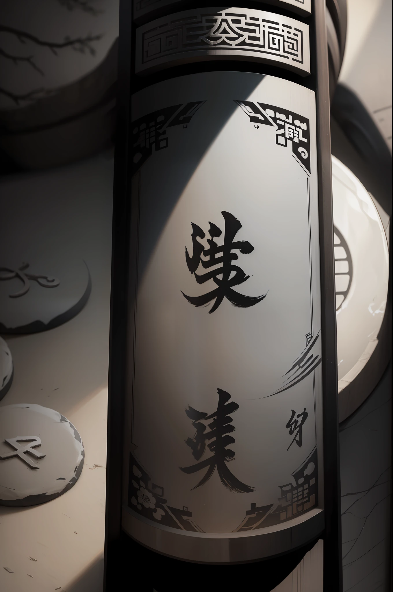 A token,(The word Chang'an is written on it,ancient wind,Black and white color scheme)