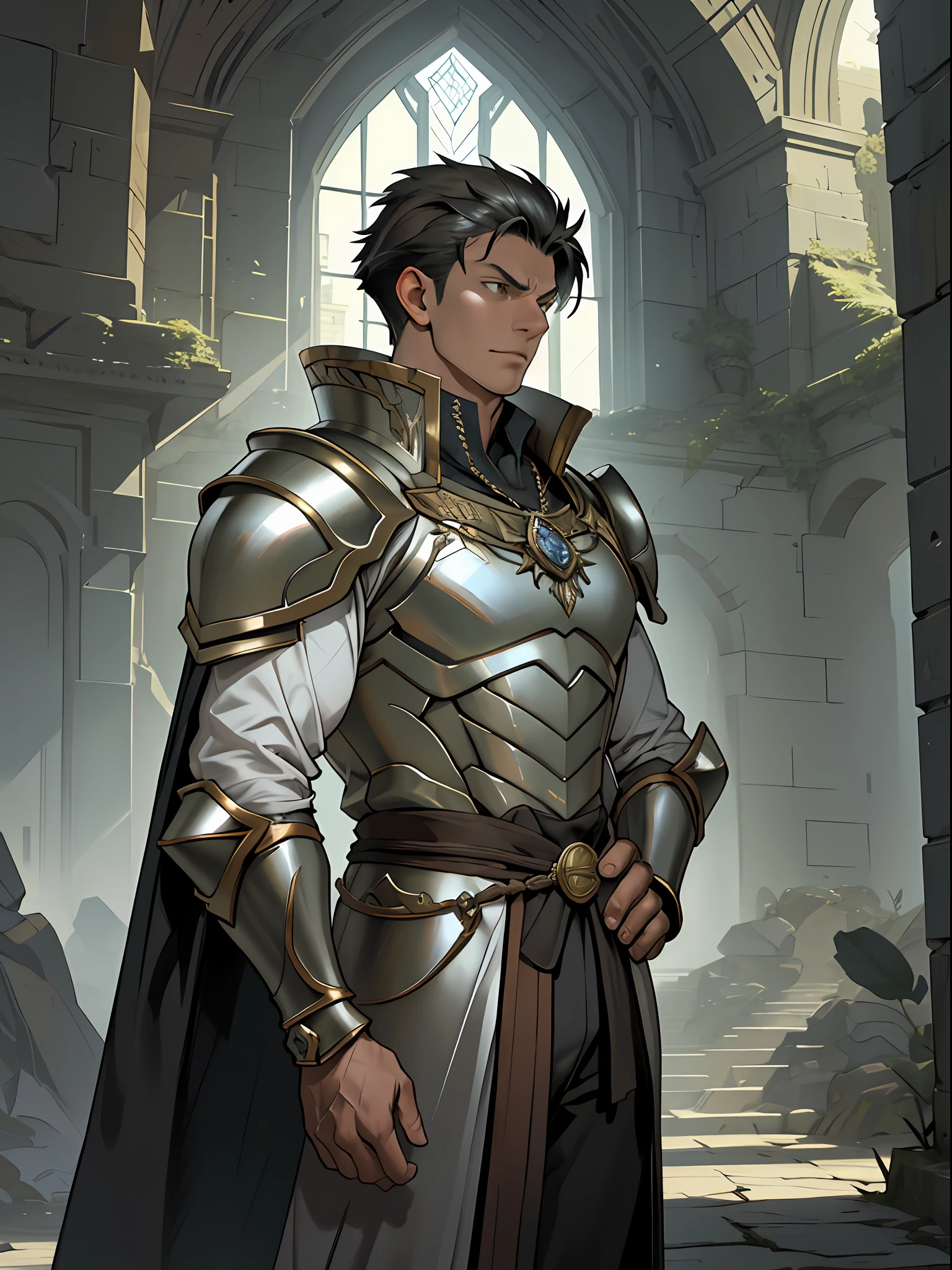 Portrait of a man, 1boy, Solo, Stand quietly, Heroes, A hero never seen before, jawline, Male, Epic, Handsome, prince, warrior, Silver armor, hyperdetailed 3d matte painting, cinemascope panoramic, awe inspiring, landscape, Natural skin texture, Sharp focus, ((Cinematic look)), insanely details, Intricate details, greg rutkovsky、Works of art by Caravaggio and Alphonse Mucha, analogue style, Castle, inside castle, Calm environment,