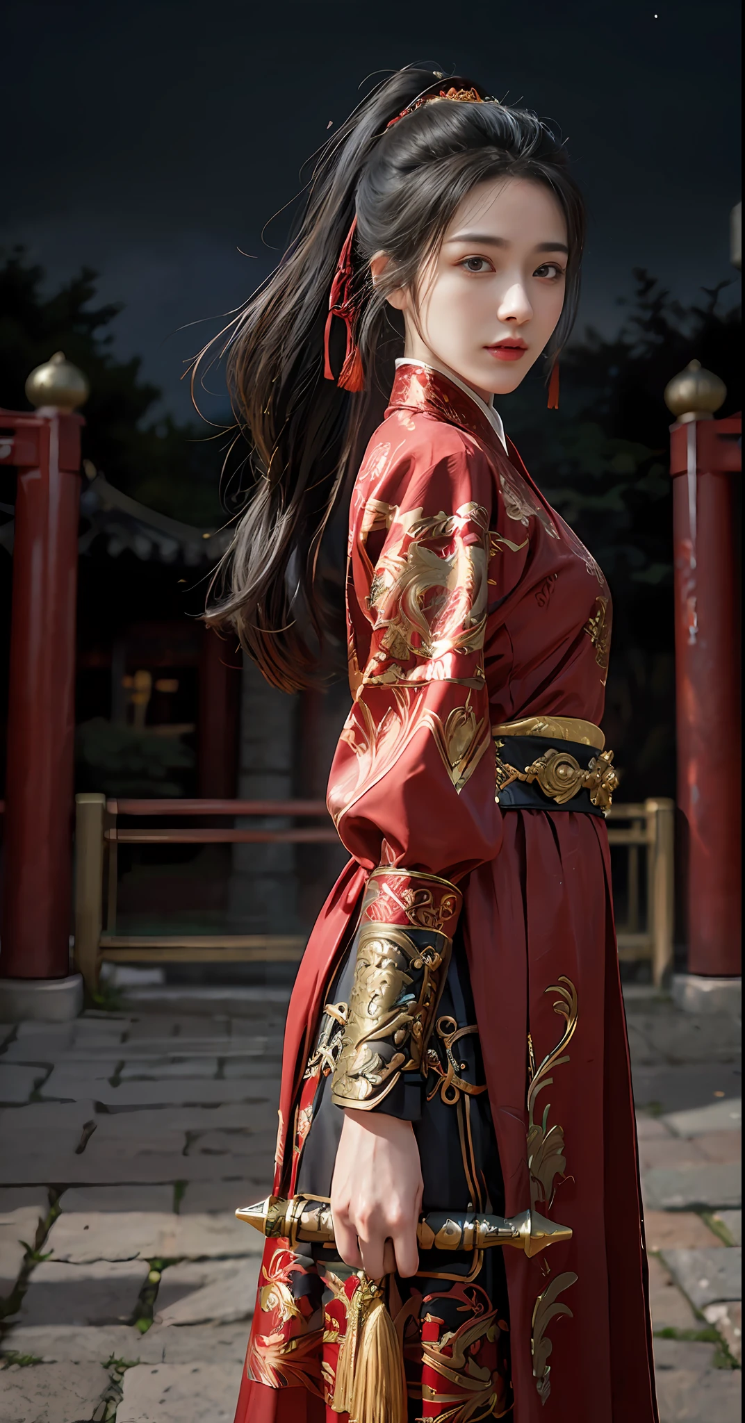 Feiyu_clothes， red-fabric， gold embroidery， Gold embroidered black bracer， high ponytails， depth of fields， night cityscape， 1girll， ulzzang-6500v1.1， （Original： 1.2）， （Realistis： 1.3） ， beautiful girl with beautiful details， extremelydetailedeyesandface， Eyes with beautiful details， absurderes， Incredibly Ridiculous res， hugefilesize， Hyper-detailing， A high resolution， ultra - detailed， best qualtiy， tmasterpiece， illustration， Ultra detailed and beautiful， ultra - detailed， CG， Solidarity， 8k 壁纸， astounding， finedetail， tmasterpiece， top-quality， offcial art， Extremely detailed Cg Unity 8K wallpaper， cinmatic lighting， （Perfect shiny skin：0.6）， Slim and smooth lines， （floatking）， （little breast：1）， 耳Nipple Ring ， tmasterpiece， Best quality at best，