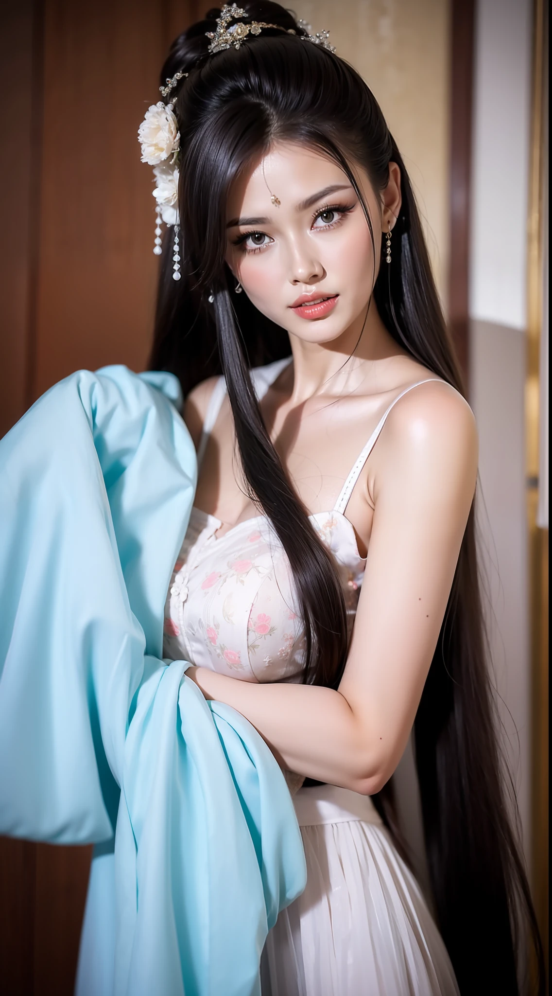 Fashion model 20 years old [[[[closeup cleavage]]]], [[[[boobgasm]]]], [[[[coll]]]], [[[[bshoulders]]]], perfect  eyes, Perfect iris，Perfect lips，perfect teeth，Perfect skin，Long face，Soft front light，hdr，Movie girl，Casual，nigth，Lanterns，themoon，The background is indoors，（pastel colour：1.2）