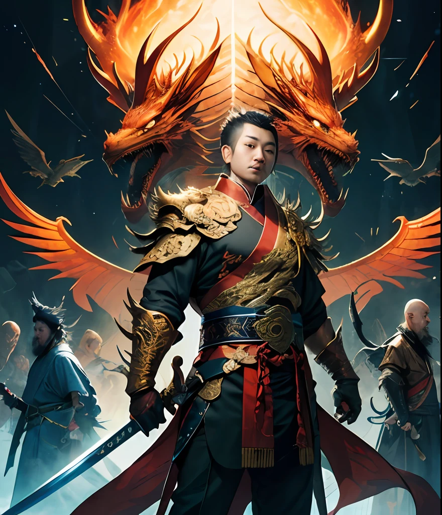 Chinese man with a sword，The background is a golden dragon