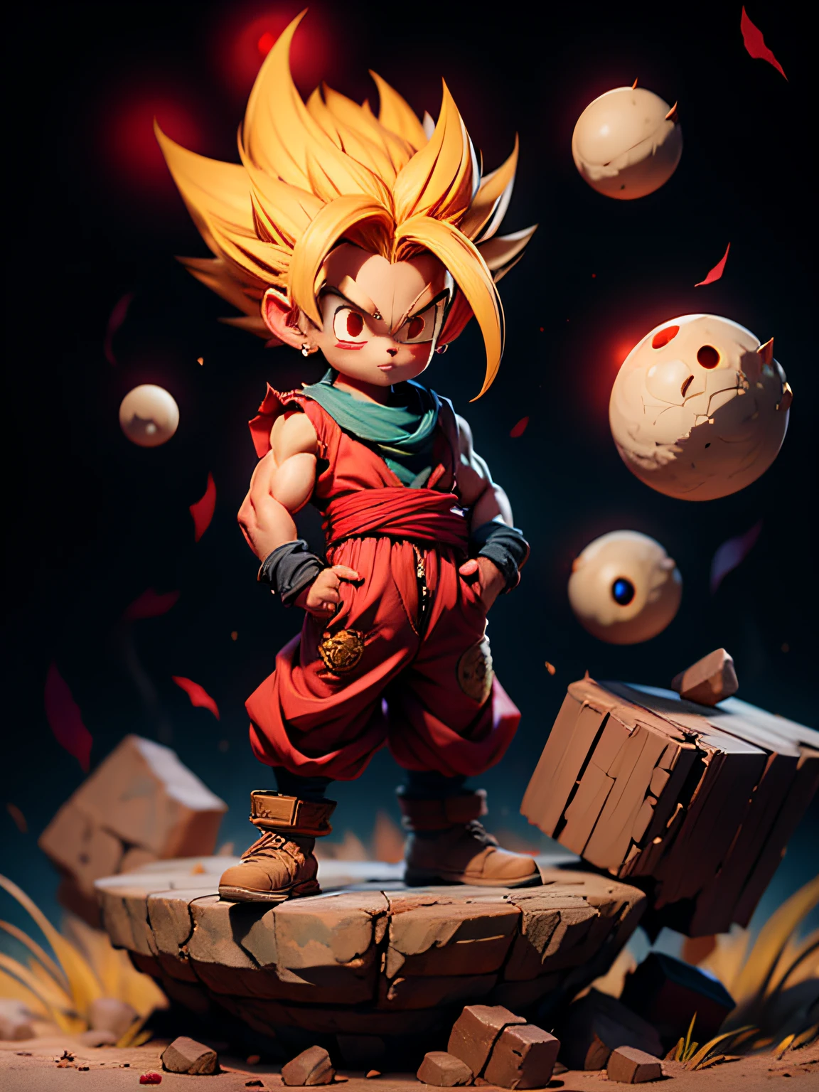 masterpiece, best quality, ultra-detailed, Adult Gohan 1boy, solo, Full body, evil smile, Gold glowing hair, spiked hair, (((red eyes))), (((perfect eyes))), ))), full body, looking at viewer, male focus, earth \(planet\), planet, cracked ground and lots of rocks rising up, lots of debris going up, perfect hands . Cute, chibi, wearing tattered tank shirt and toren clothing, full body glowing gold aura, dark