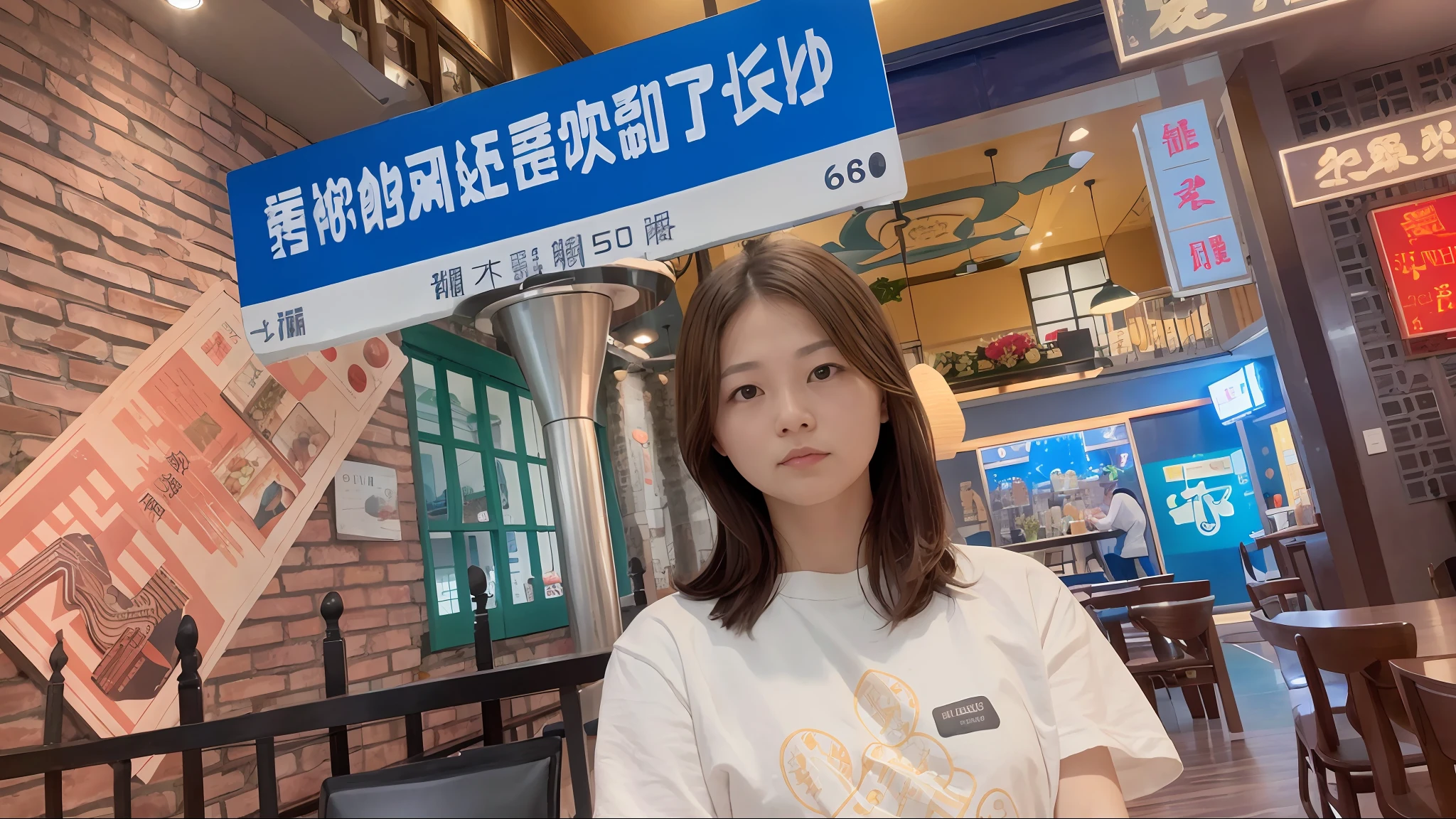Sit at a table in the restaurant，The background is a woman with a signboard, wenfei ye, xintong chen, chengyou liu, Middle metaverse, Li Zixin, Gemma Chen, wei wang, lulu chen, Lin Qifeng, jinyiwei, Chiba Yuda, kanliu666