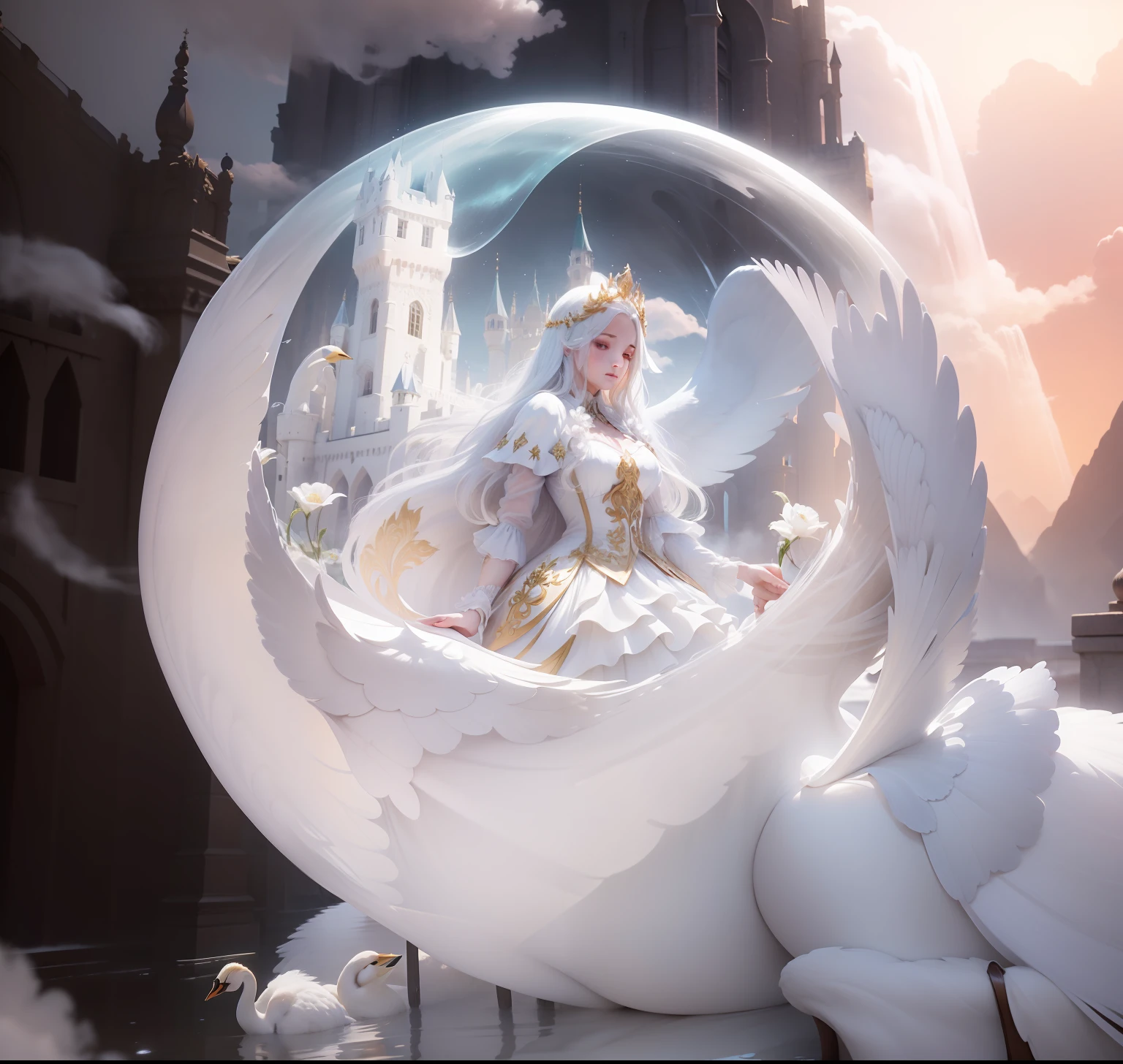 Flowers like castles from a golden spring tower over a beautiful Lady fare, in the spring of eternal youth she bathes her alabaster form to a symphony of trumpeter swans the flay in the sunbeam shy of assure and cotton cloud A extreme 90 meters long shot octane render, high quality hyperdetailed 24k photorealistic