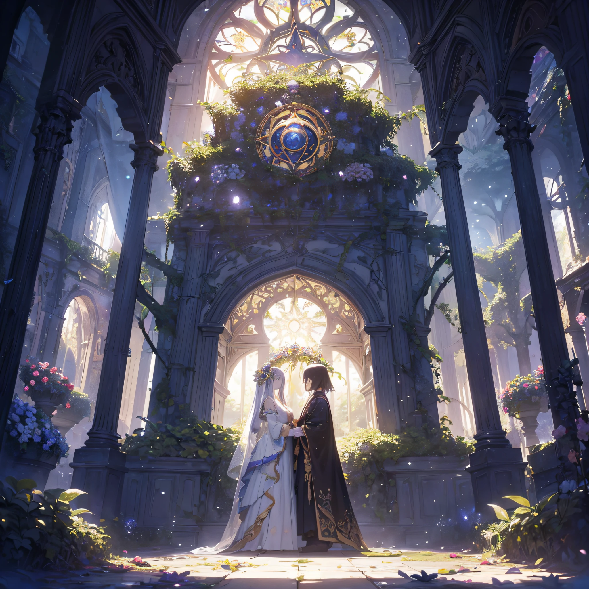 absurderes, Tangle, Concept art, Scenery, No humans, Wide Shot, Art Nouveau, Heavenly Gaia Gate, Huge mysterious door decorated with vine and flower patterns, Decorated majestic altar, sacred place, garden, a lot of leaves, flower petals, The tree々Sunlight shining in between, Magic Circle, falls, streams, (light Particle:1.4)