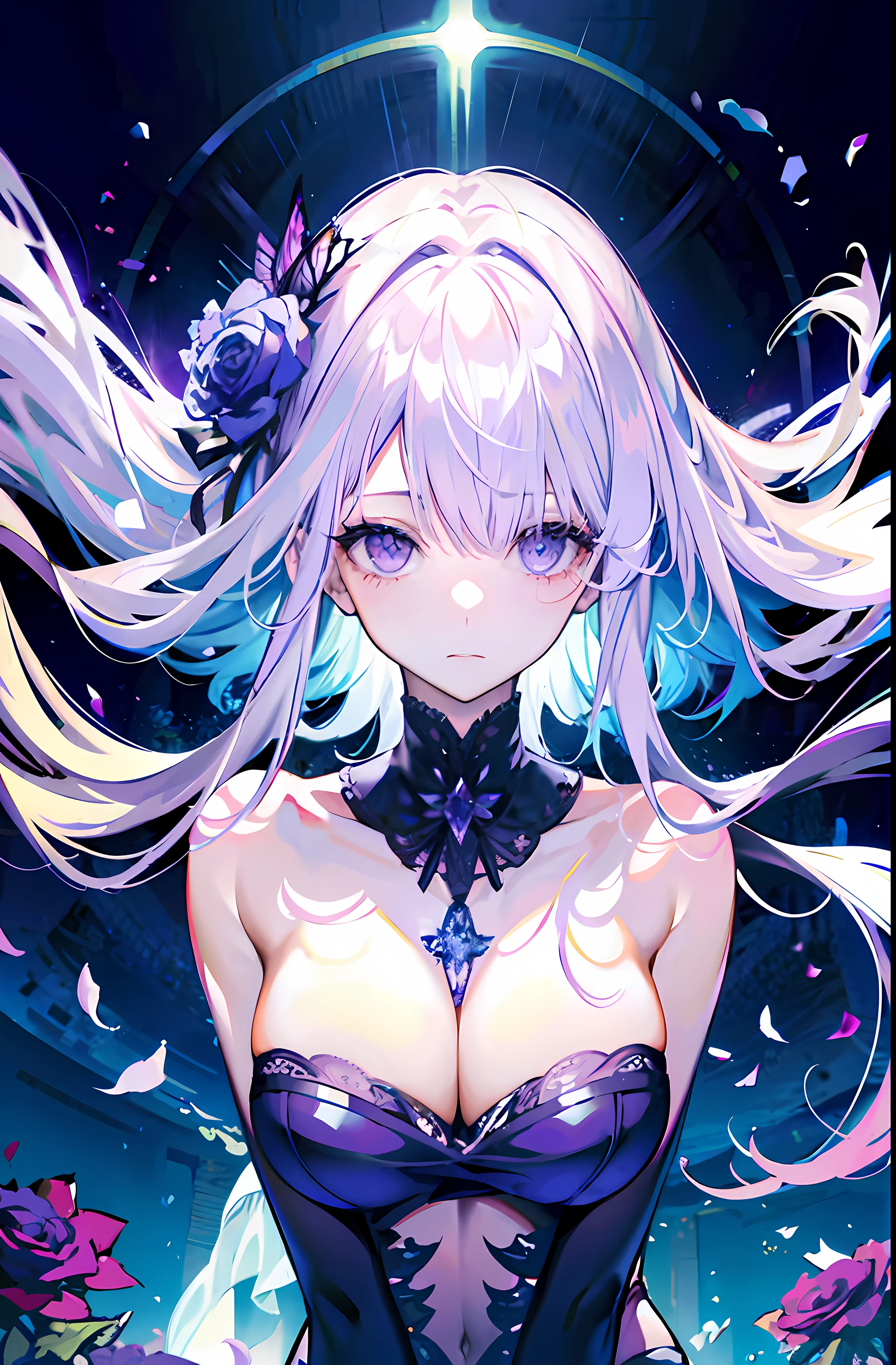 silber hair,butterflys,long whitr hair,8k wallpaper,detailedbackground,Highest high resolution,deep v big breasts,Hair covers one eye,Bandeau,Church background,Purple roses,tight-fitting,themoon,