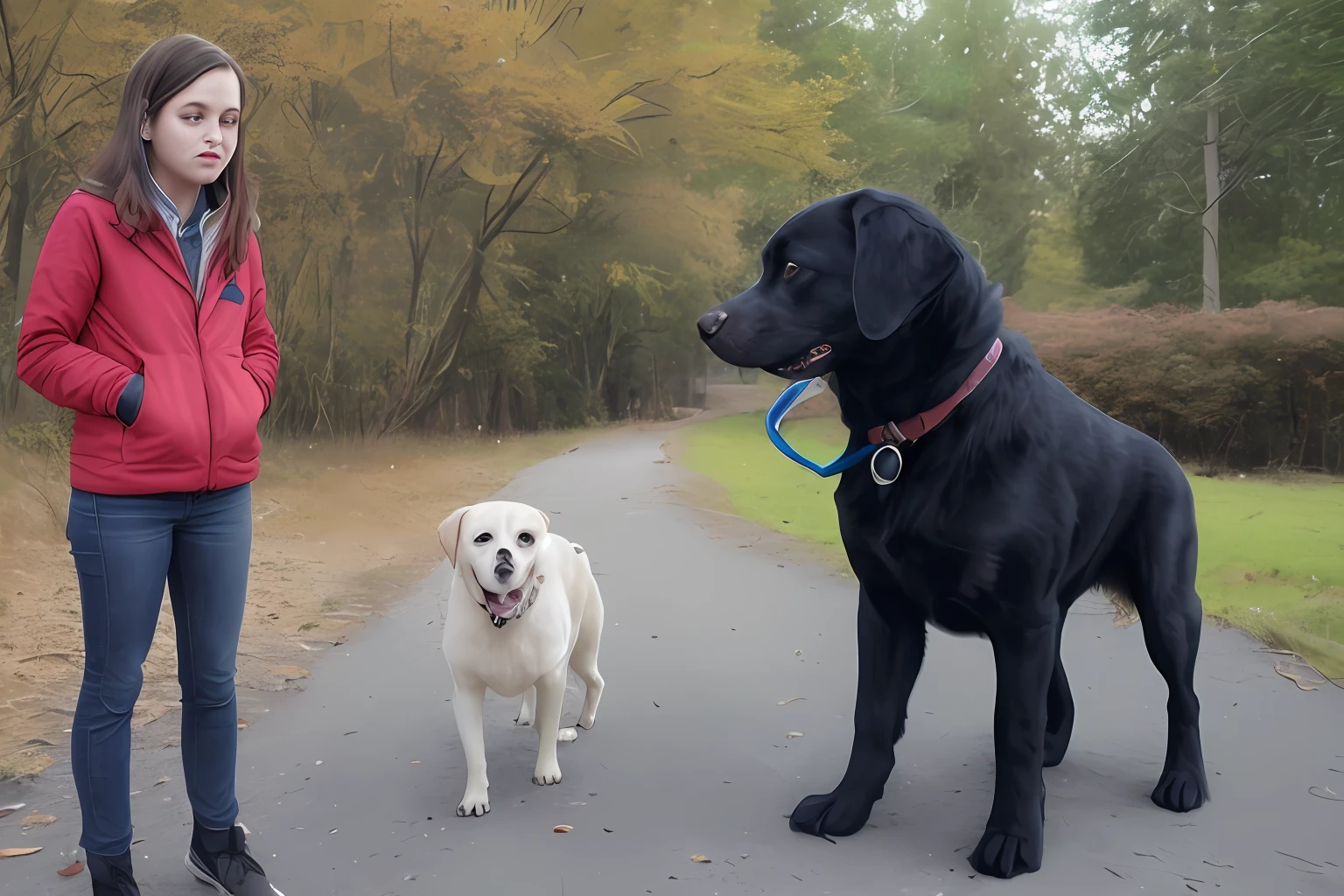 A person has a dog on each side