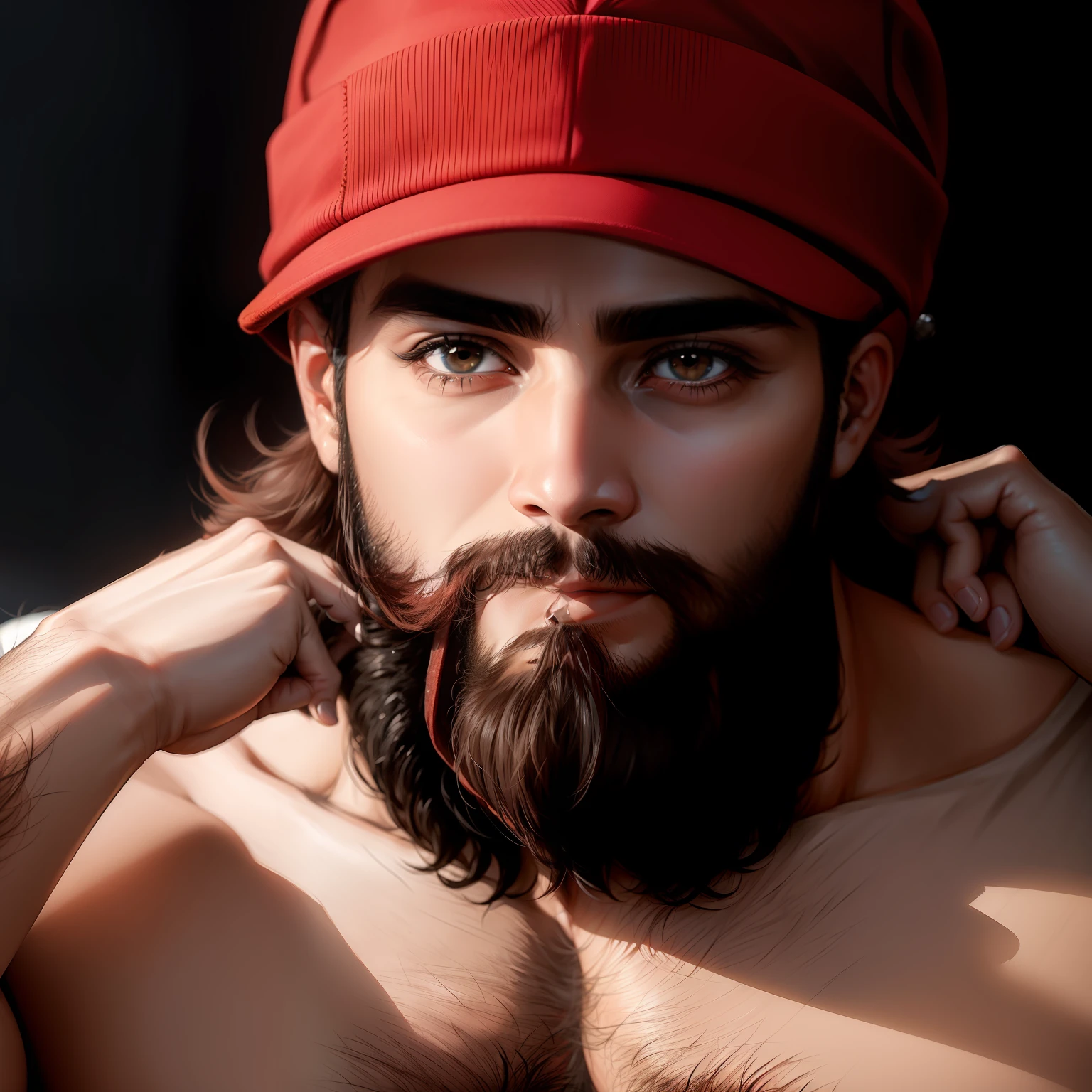 Jovem por volta dos seus 26 anos, in a red hat and with a beard, anime
