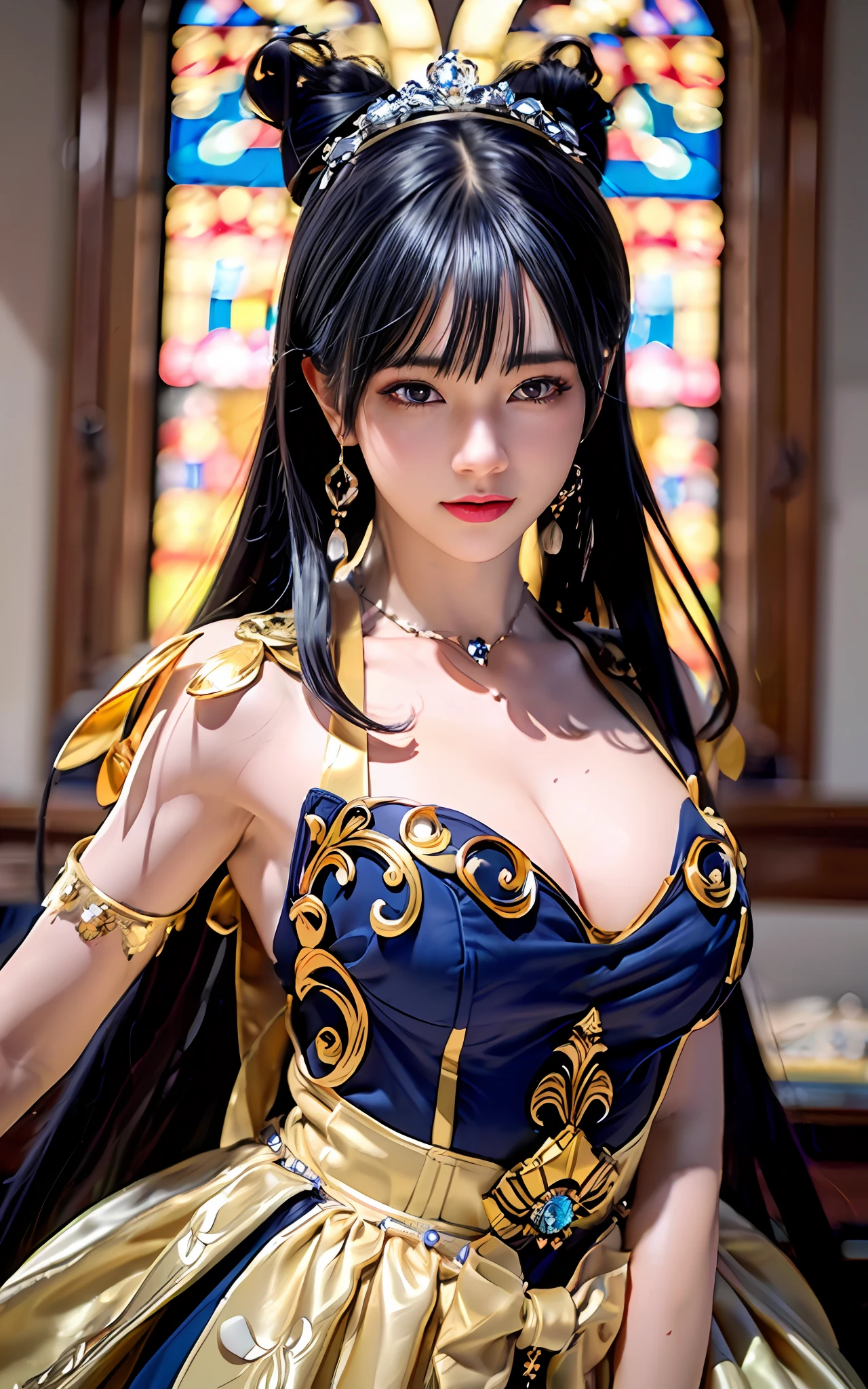 ((realisticity: 1.2)), ((best resolution: 8K UHD)), best quality,masterpiece,highres,cg,
((1 super detailed and super realistic girl)), ((very beautiful queen dazzling, super realistic, and super detailed)), long hair, ((super realistic and super detailed dress)), solo, ((super realistic, super beautiful, gorgeous and super detailed jewelry)), ((super beautiful, super realistic and super detailed dark blue and golden yellow dress)),
((super beautiful, super realistic, super detailed diamond filled earrings)),
((super beautiful, super realistic and super detailed diamond filled hair ornament)), ((super beautiful upper body, super beautiful, super realistic and super detailed)), ((big breasts: 2.5)),
((super grand, super realistic and super detailed royal palace backgroun))
((super beautiful, super beautiful, super realistic and super detailed hair bun)), ((super beautiful, super realistic and super detailed blue hair)),
candid, Photograph, high resolution, 8k,Bokeh,