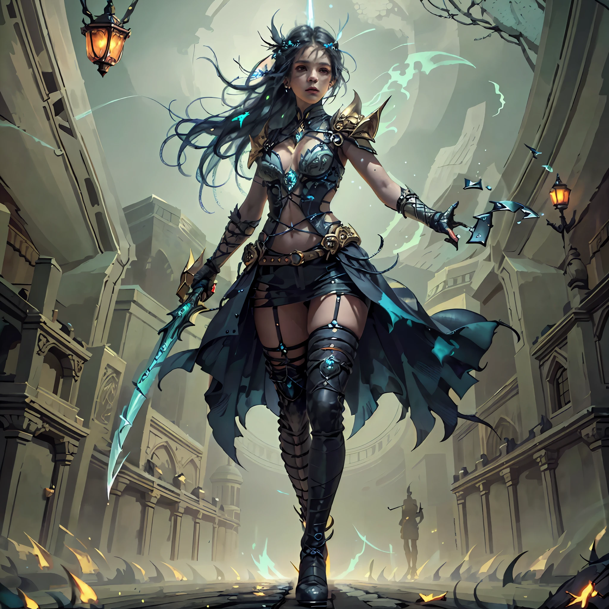 a picture of a female elf (intense details, Masterpiece, best quality: 1.5) fantasy swashbuckler, fantasy fencer, armed with a slim sword, shinning sword, metallic shine, colorful clothes, dynamic clothing, an ultra wide shot, full body (intense details, Masterpiece, best quality: 1.5)epic beautiful female elf (intense details, Masterpiece, best quality: 1.5), rich hair, braided hair, small pointed ears, [colorful magical sigils in the air],[ colorful arcane markings floating] (intricate details, Masterpiece, best quality: 1.6), holding a [sword] (intricate details, Masterpiece, best quality: 1.6) holding a [sword glowing in red light]fantasy urban street (intense details, Masterpiece, best quality: 1.5),  purple cloak, long cloak (intense details, Masterpiece, best quality: 1.5), sense of daring, sense of adventure,  high details, best quality, 8k, [ultra detailed], masterpiece, best quality, (extremely detailed), dynamic angle, ultra wide shot, photorealistic, RAW, fantasy art, dnd art,fantasy art, realistic art,